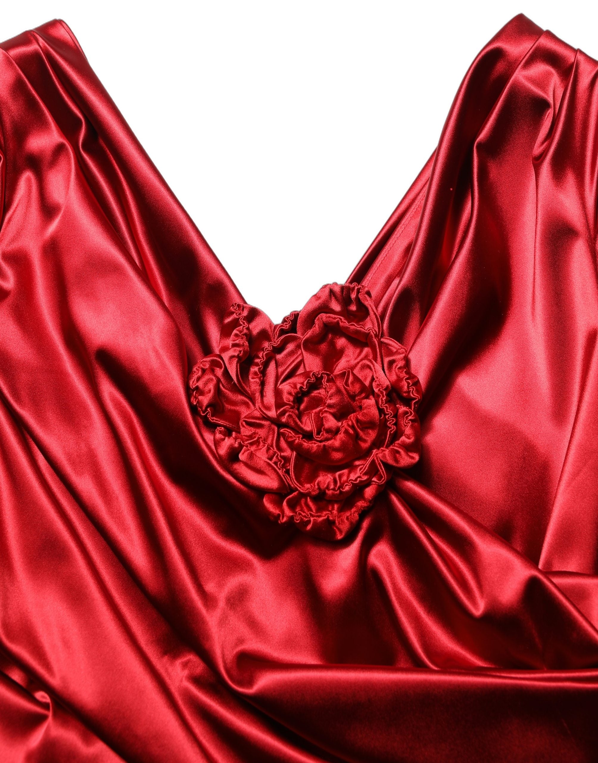 Dolce & Gabbana Red Silk Satin Draped Midi Floral Applique Dress