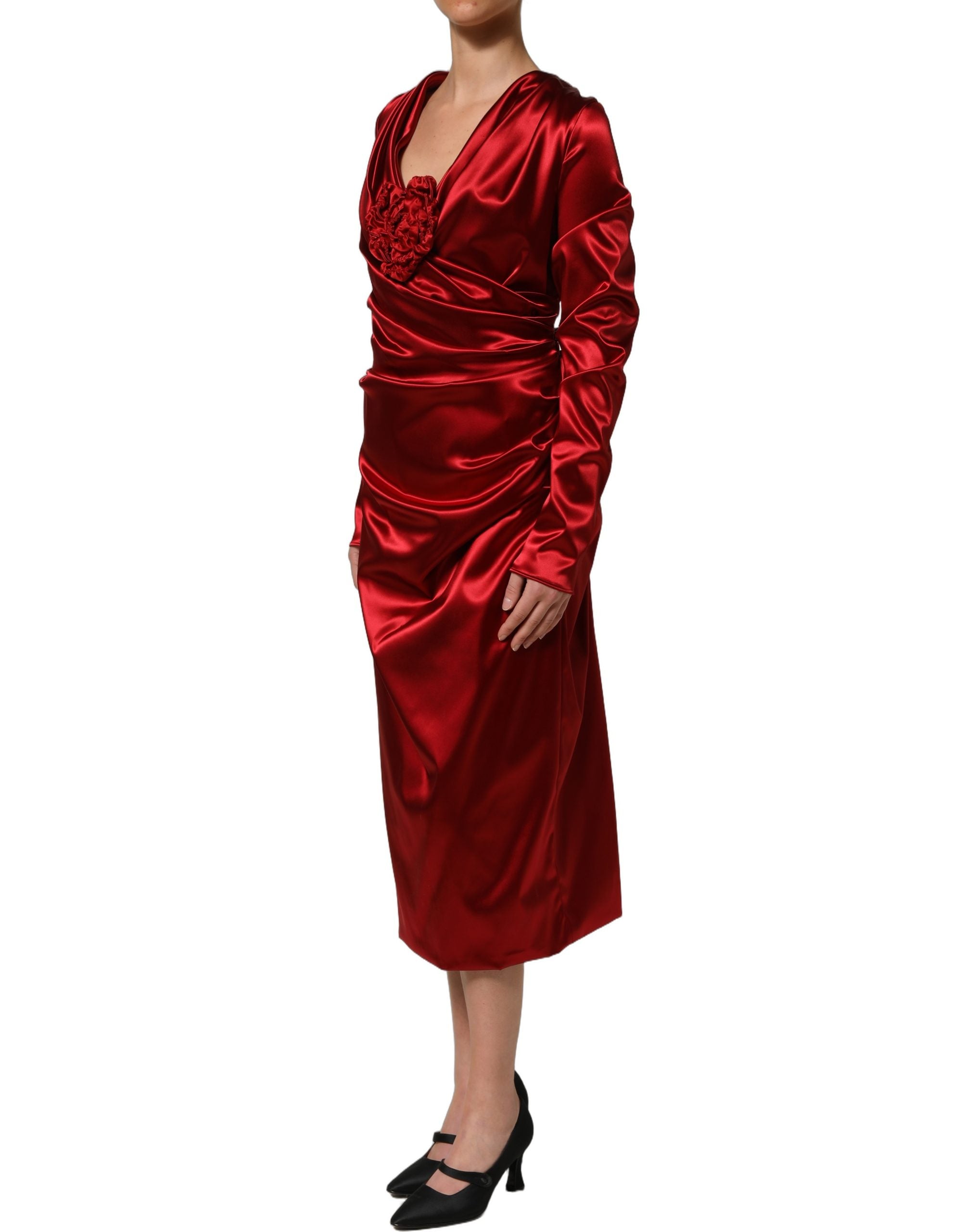 Dolce & Gabbana Red Silk Satin Draped Midi Floral Applique Dress