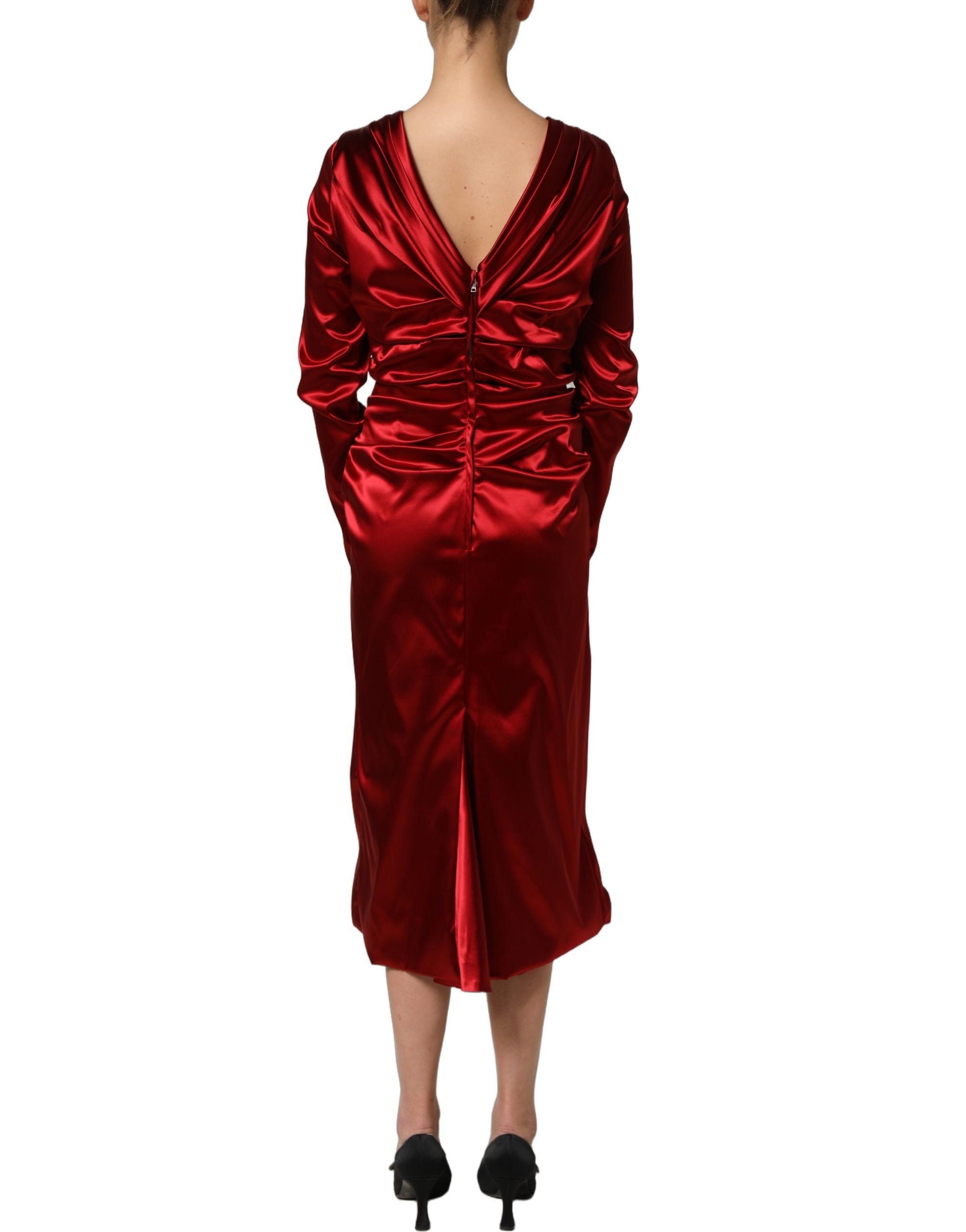 Dolce & Gabbana Red Silk Satin Draped Midi Floral Applique Dress