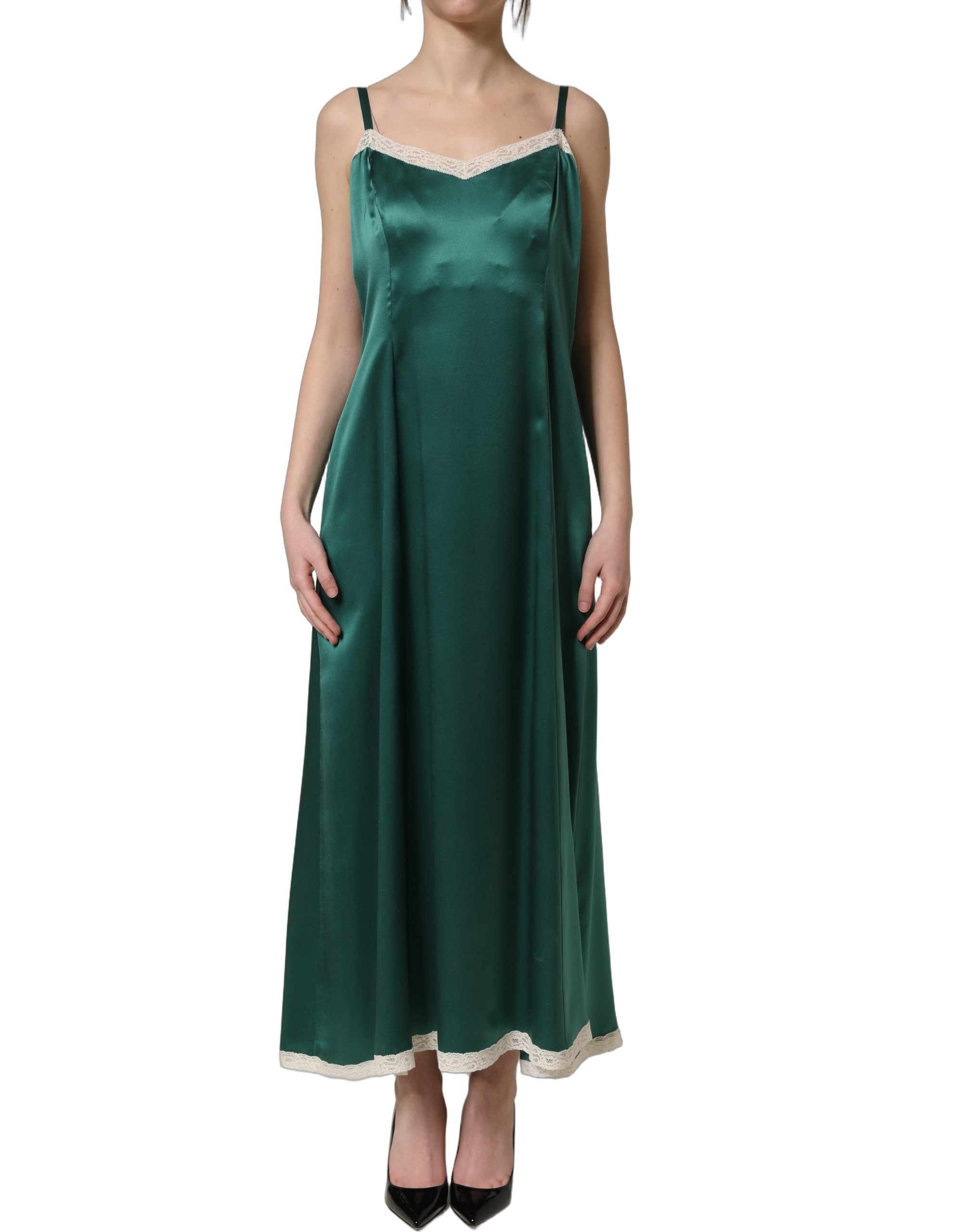 Dolce & Gabbana Green Satin Lace Trim Sleeveless Maxi Dress