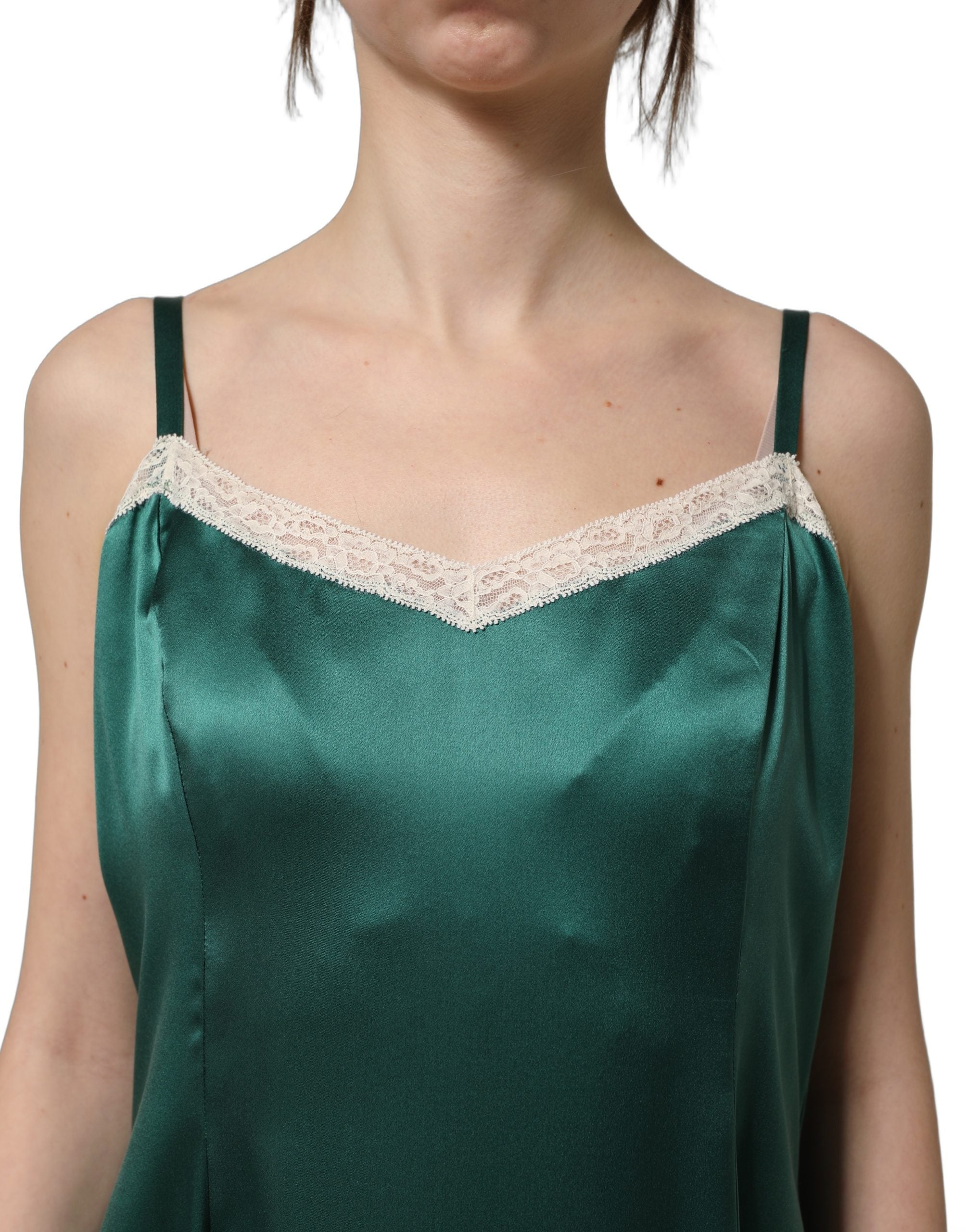 Dolce & Gabbana Green Satin Lace Trim Sleeveless Maxi Dress