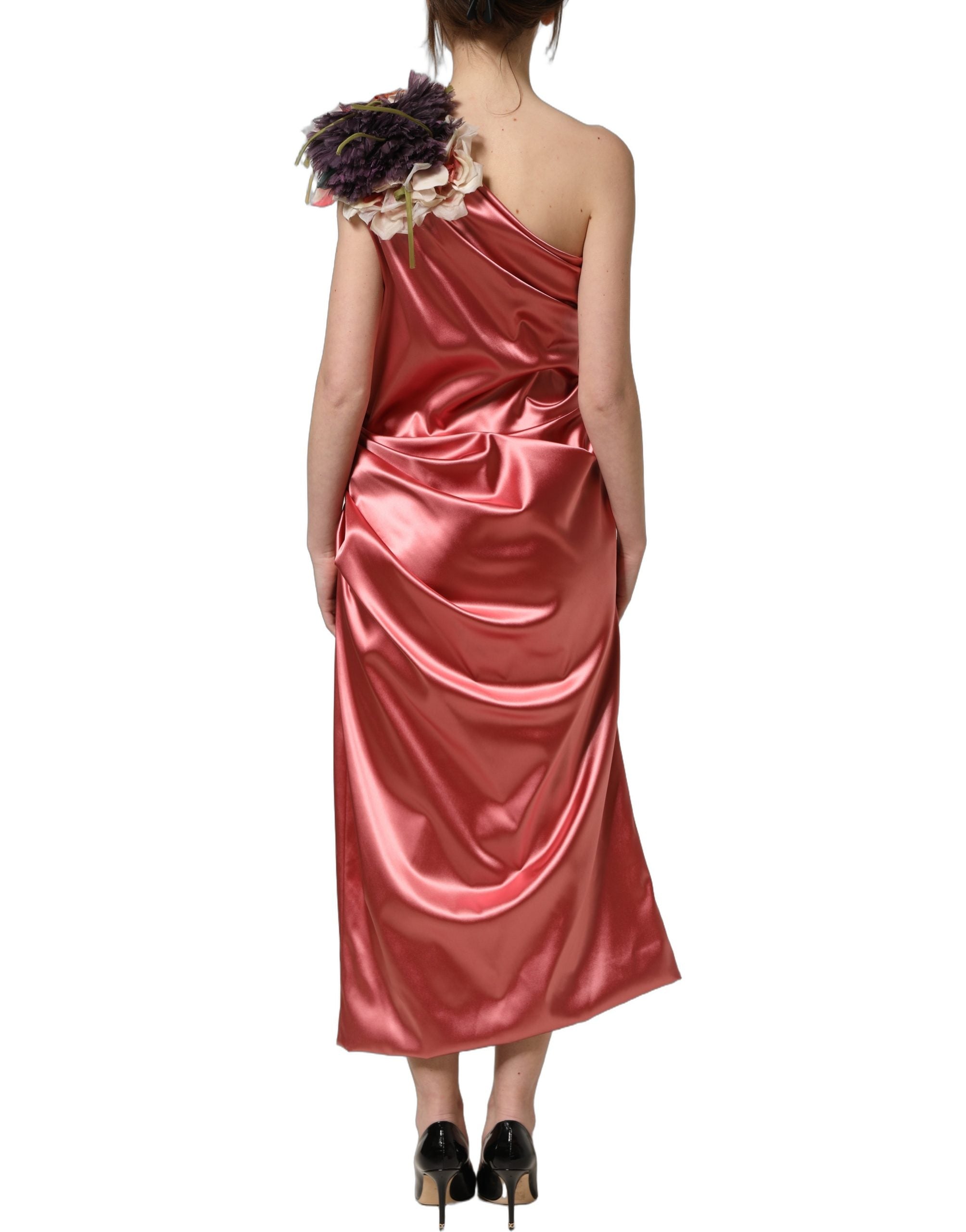 Dolce & Gabbana Pink Draped Midi Flower Appliques Dress