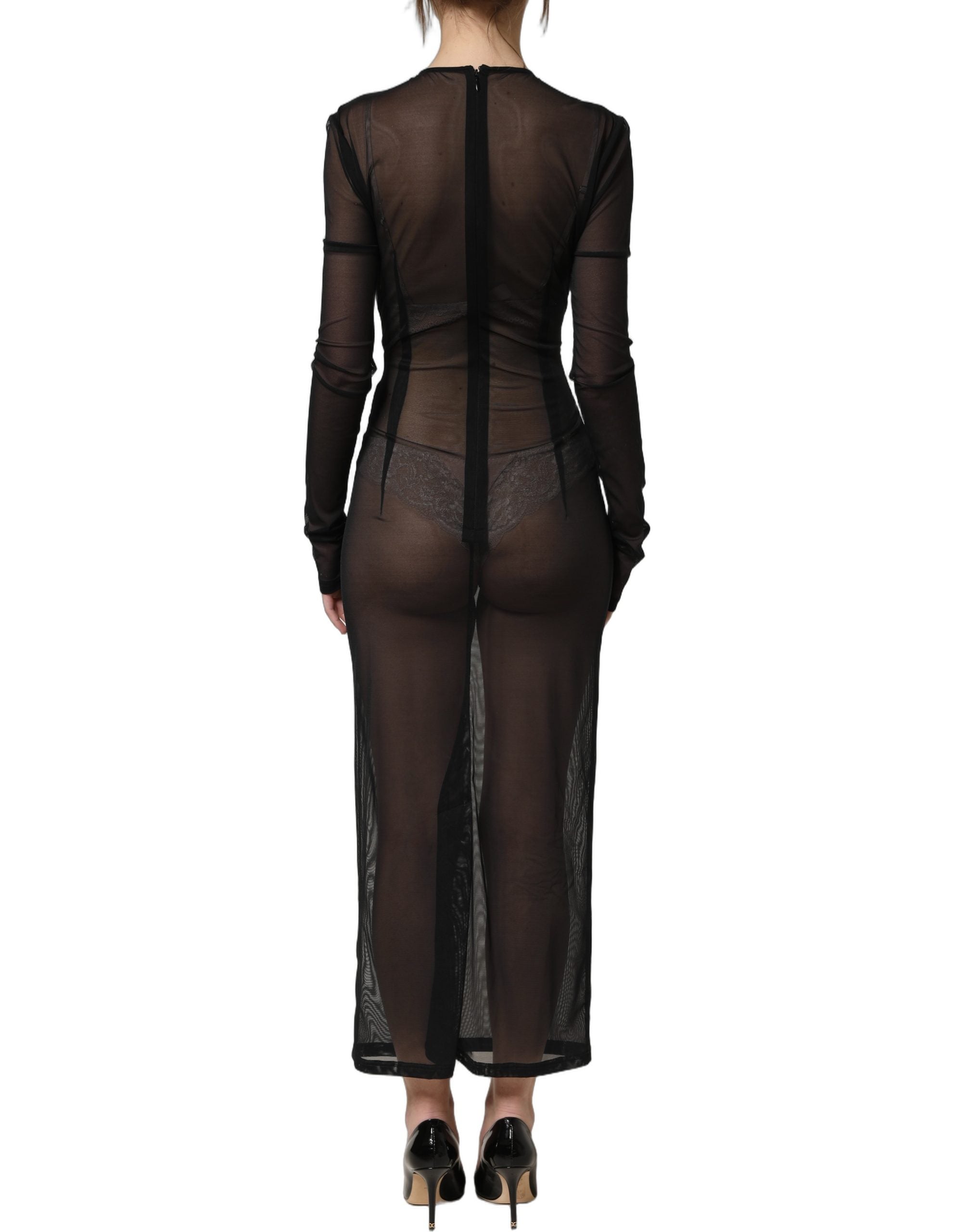 Dolce & Gabbana Black Long Sleeve Sheer Fitted Maxi Dress
