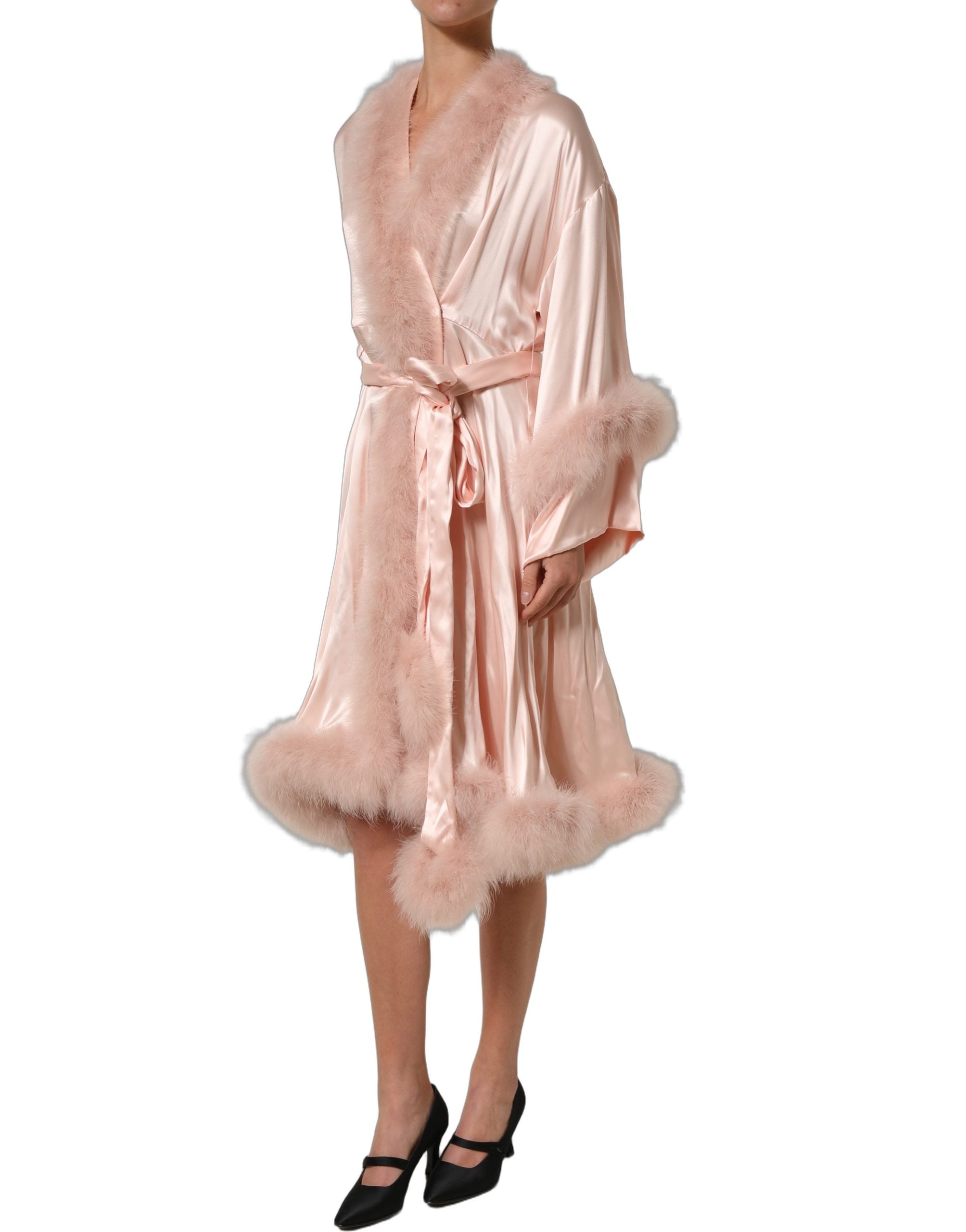 Dolce & Gabbana Light Pink Silk Turkey Feather Wrap Midi Dress