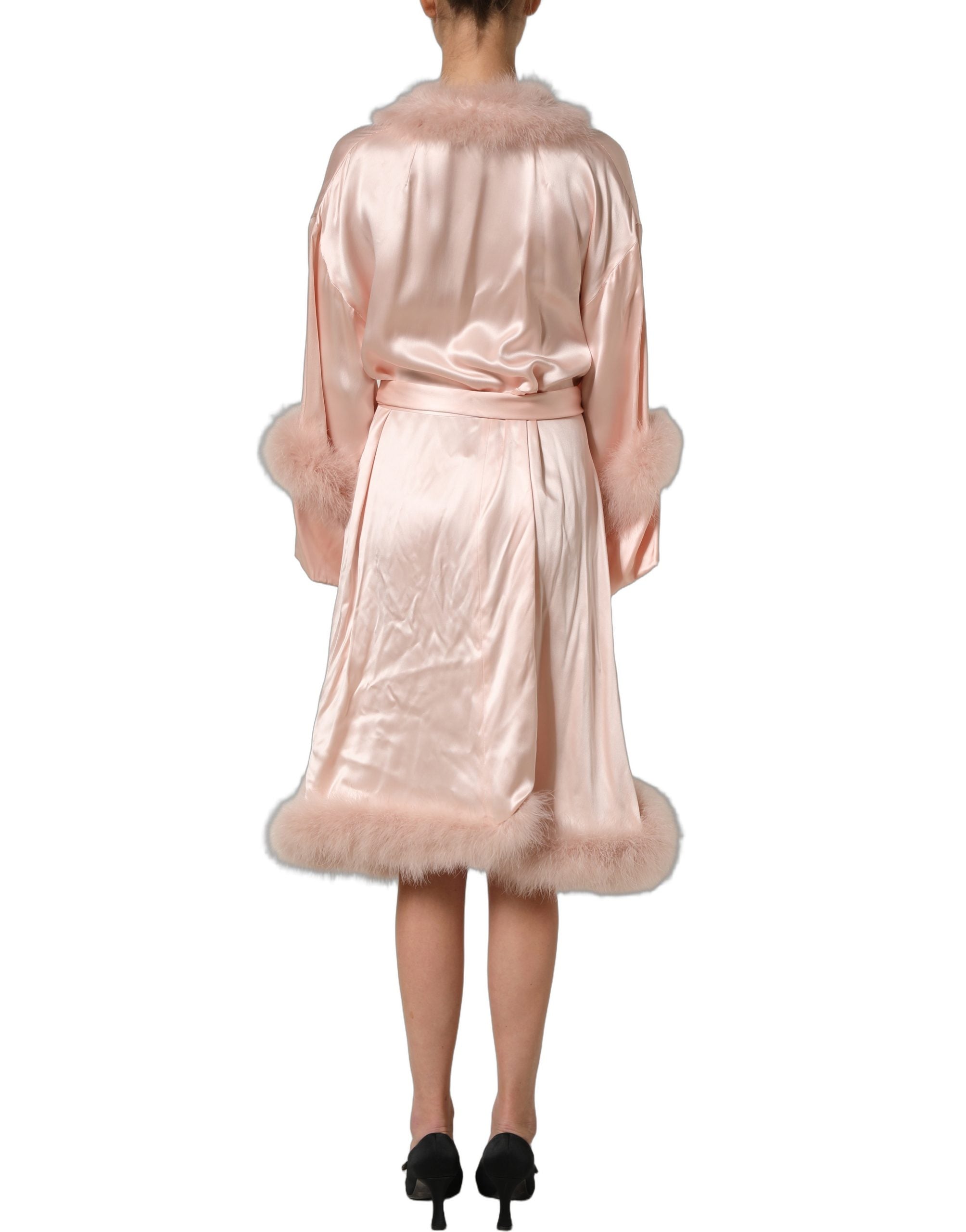 Dolce & Gabbana Light Pink Silk Turkey Feather Wrap Midi Dress