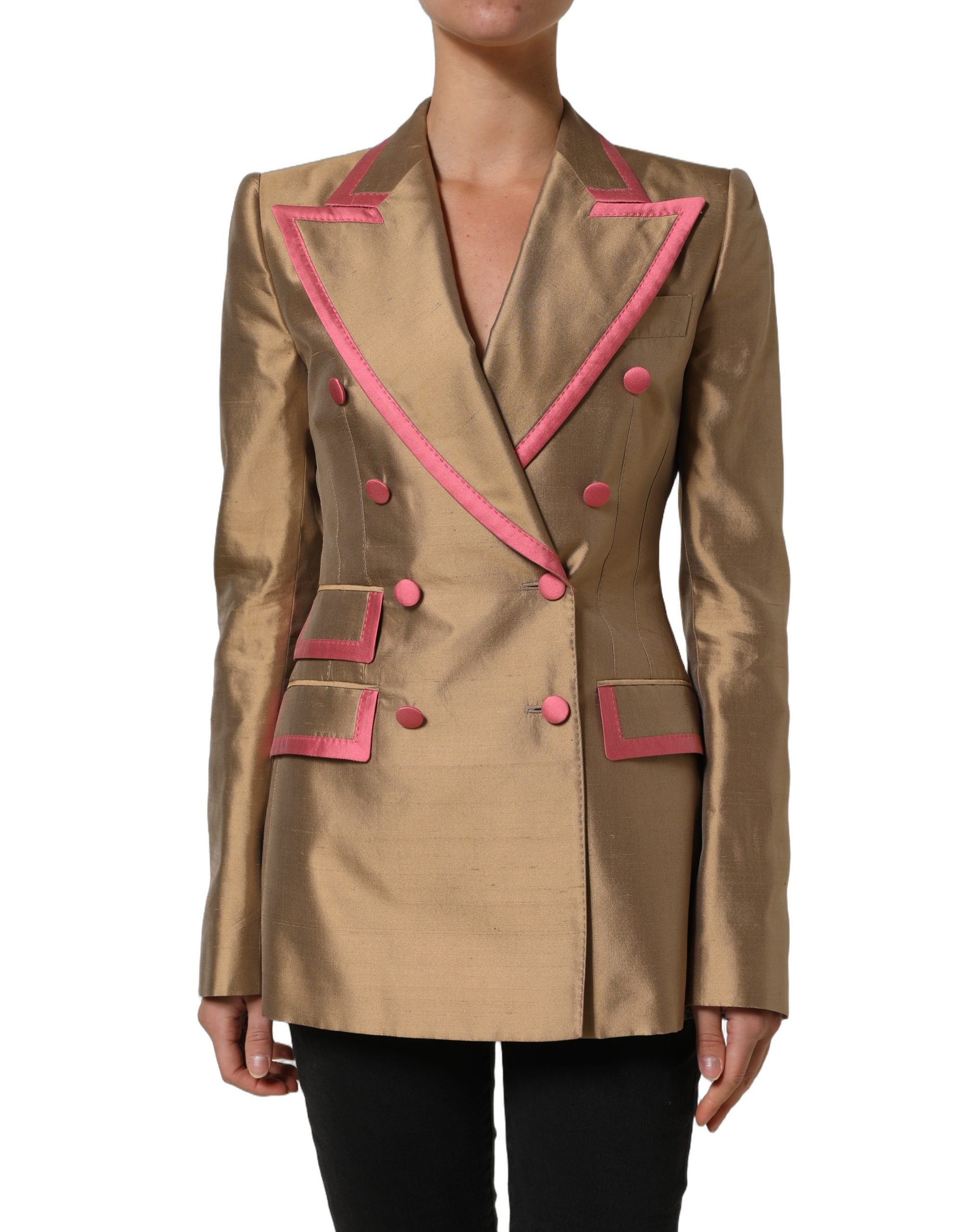 Dolce & Gabbana Gold Silk Double Breasted Coat Blazer Jacket