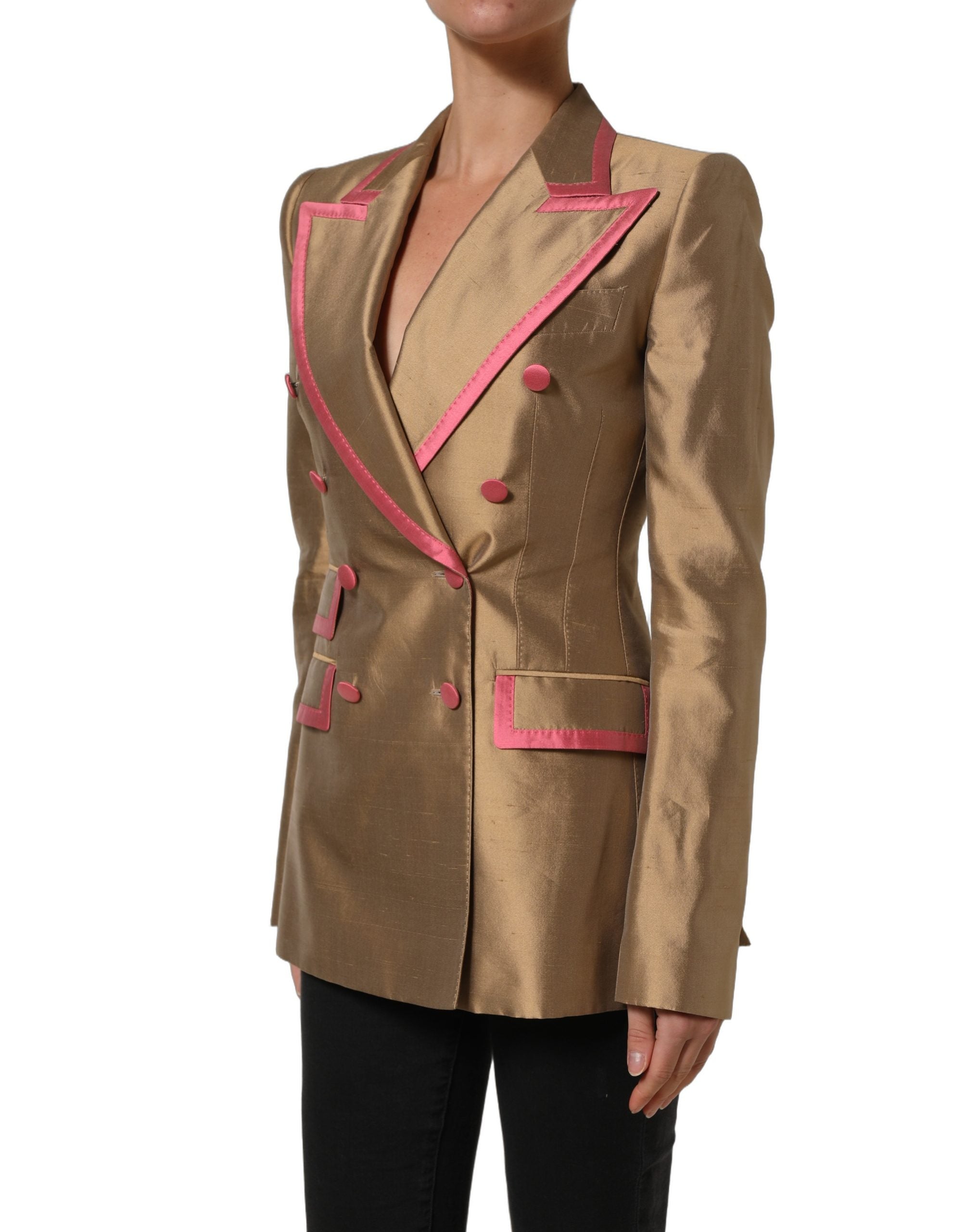 Dolce & Gabbana Gold Silk Double Breasted Coat Blazer Jacket