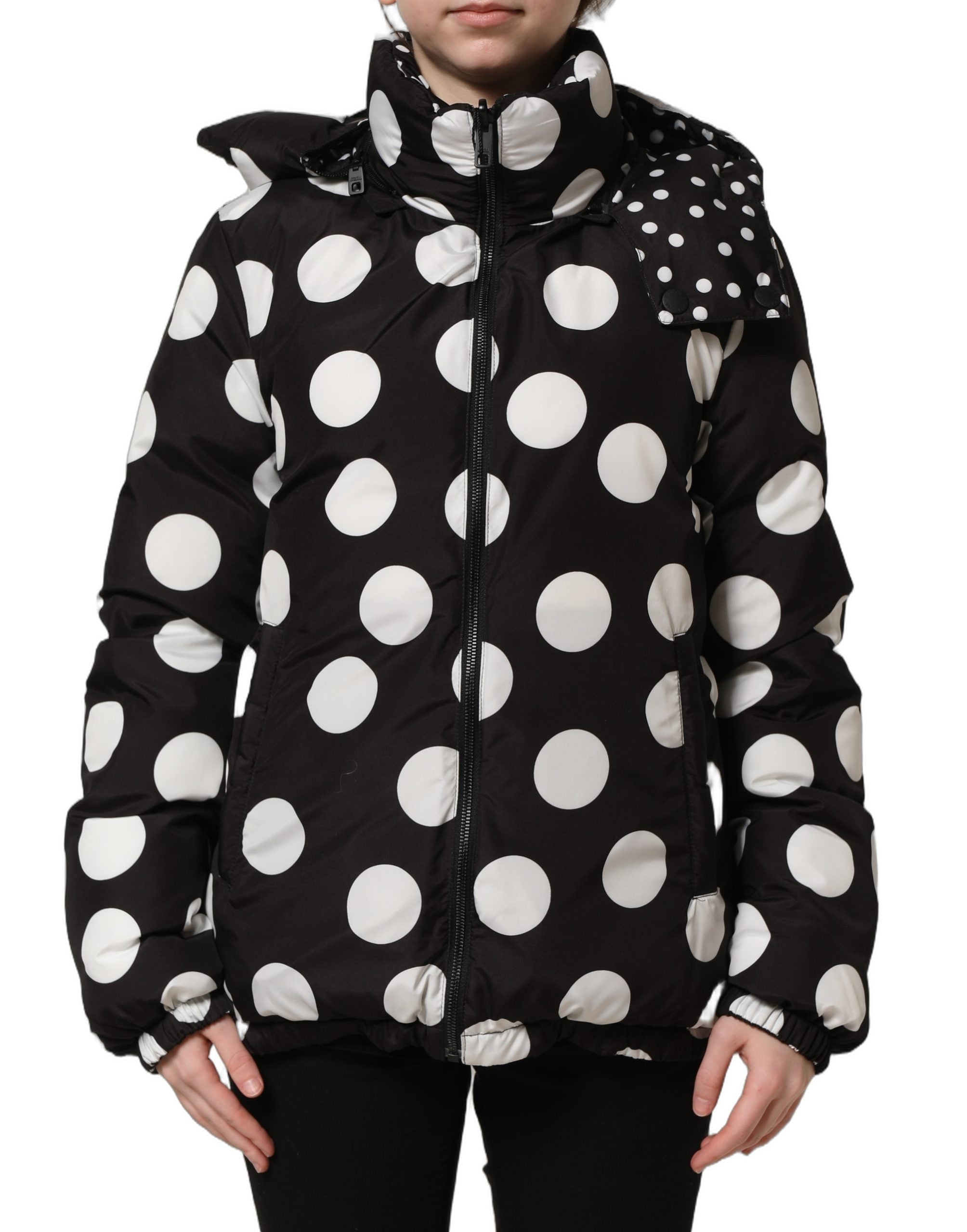 Dolce & Gabbana Black White Polka Dot Hooded Blouson Jacket