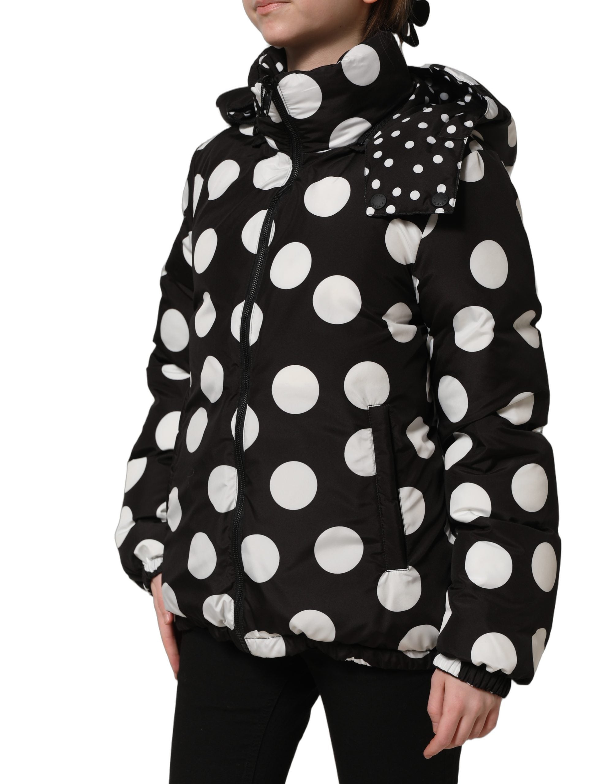 Dolce & Gabbana Black White Polka Dot Hooded Blouson Jacket