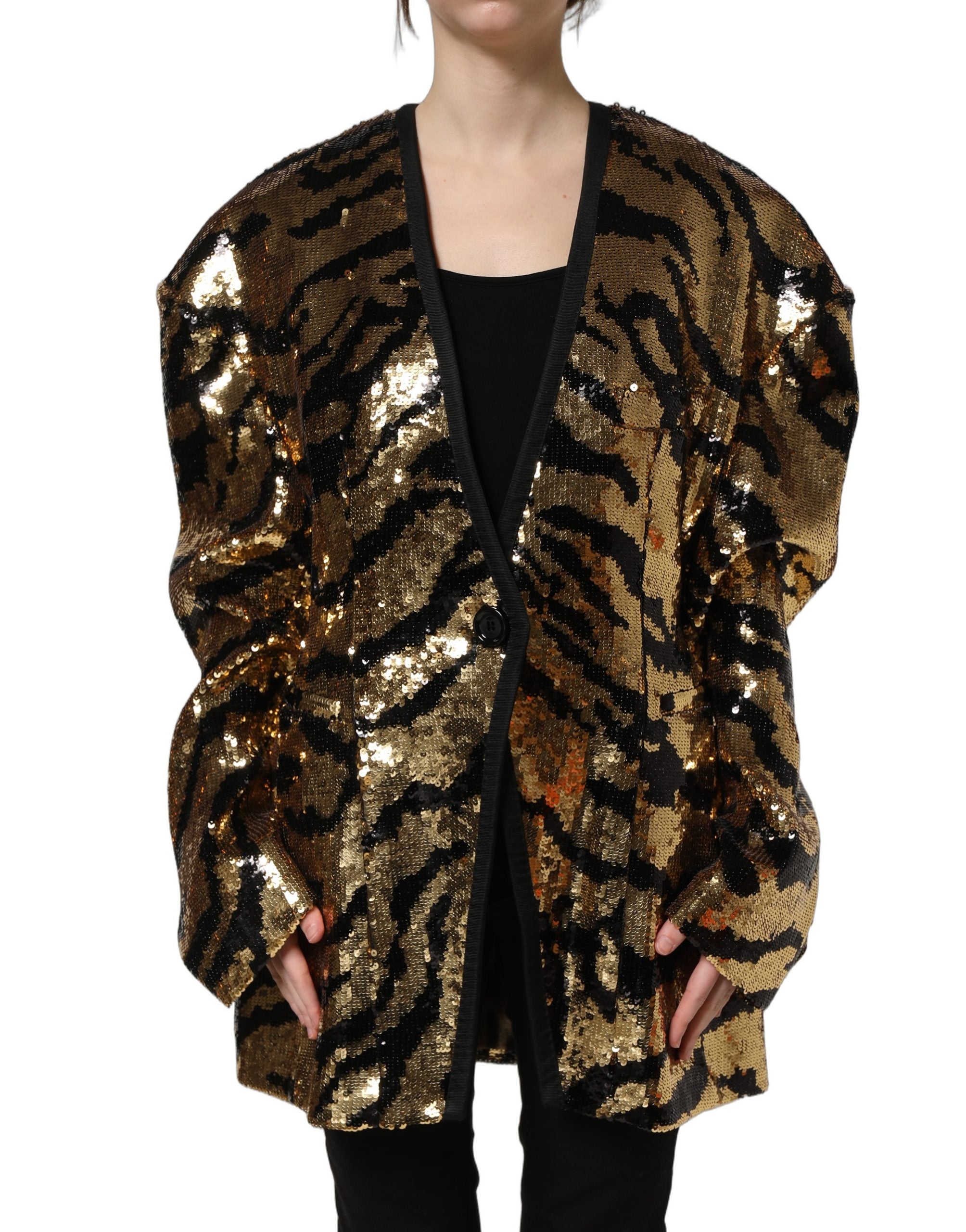 Dolce & Gabbana Black Gold Sequin Tiger Stripe Blazer Jacket