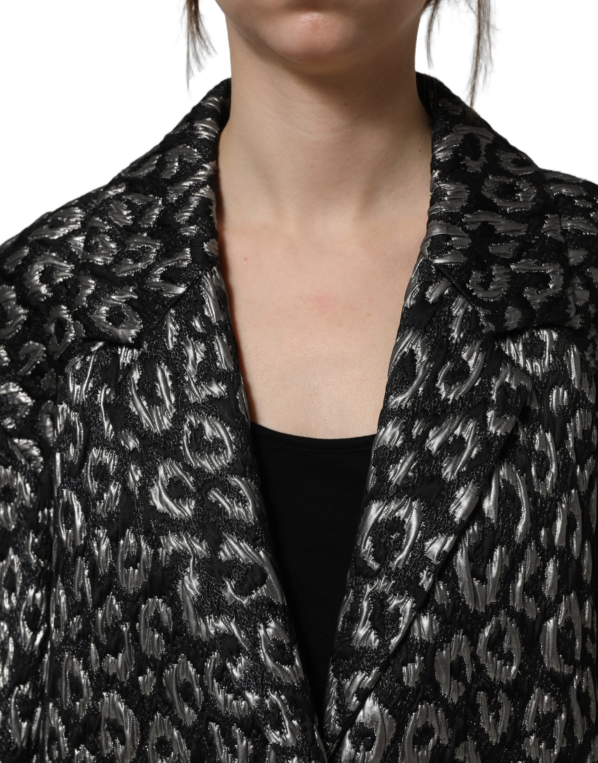 Dolce & Gabbana Black Silver Jacquard Leopard Coat Jacket