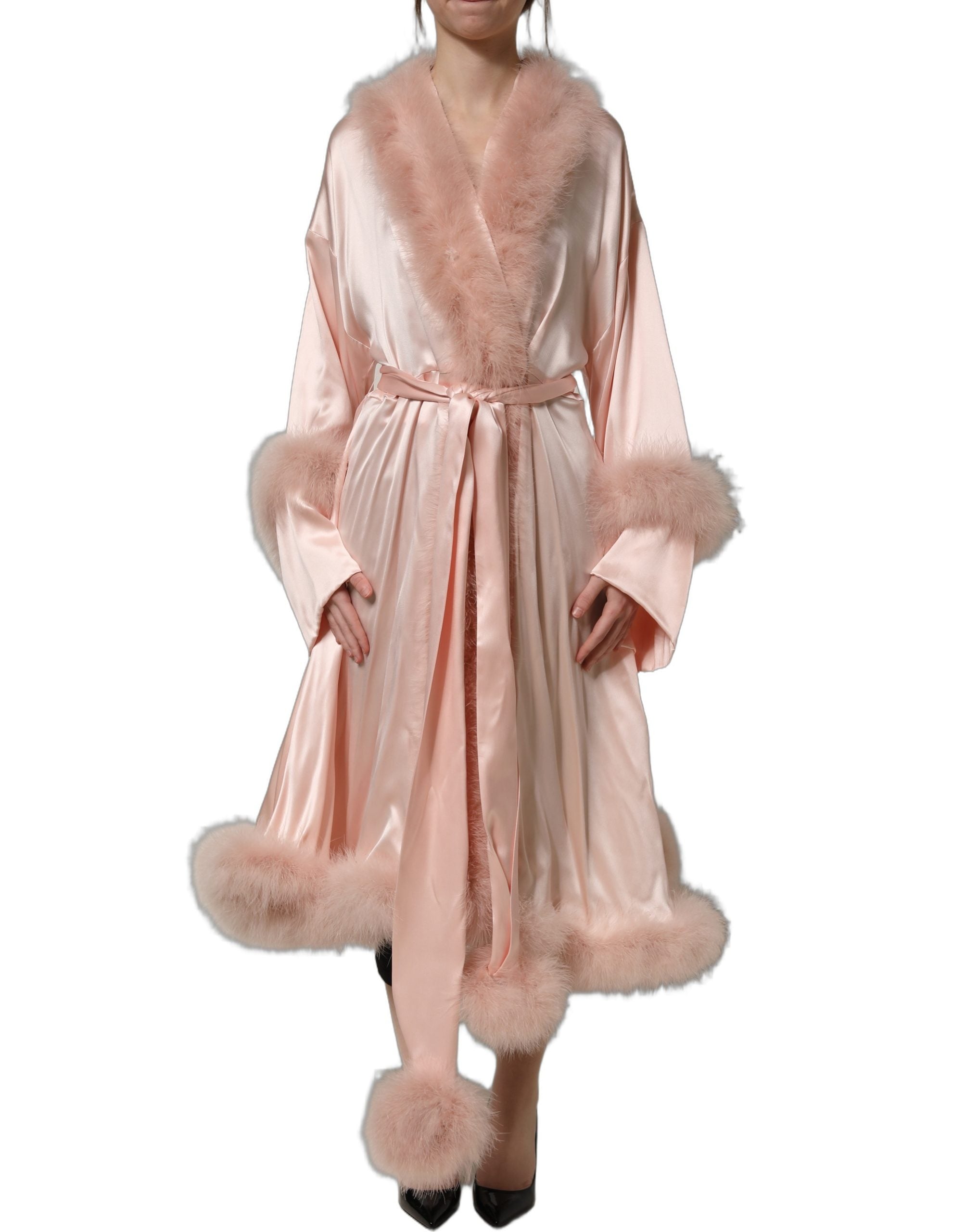 Dolce & Gabbana Light Pink Silk Turkey Feather Robe Jacket