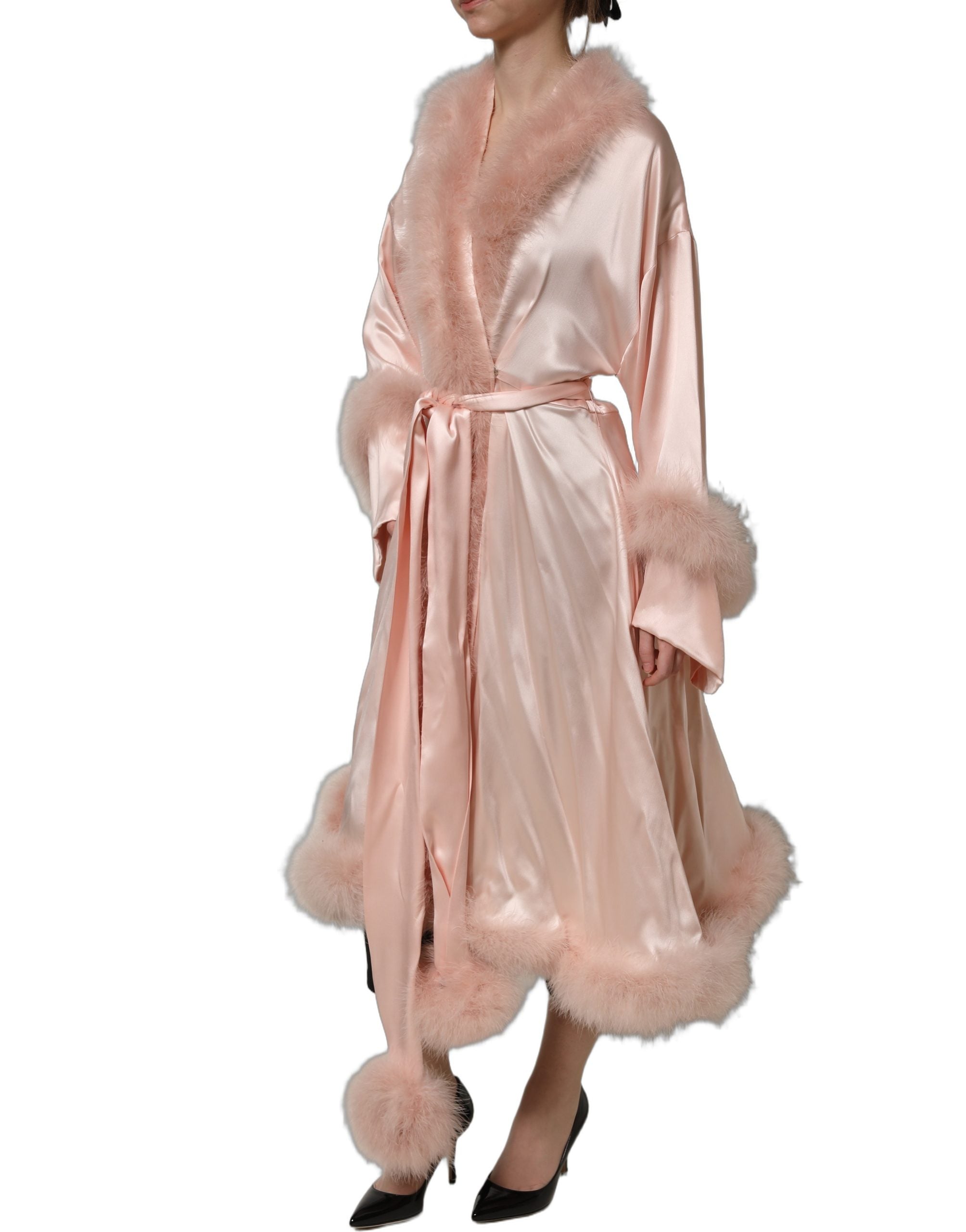 Dolce & Gabbana Light Pink Silk Turkey Feather Robe Jacket
