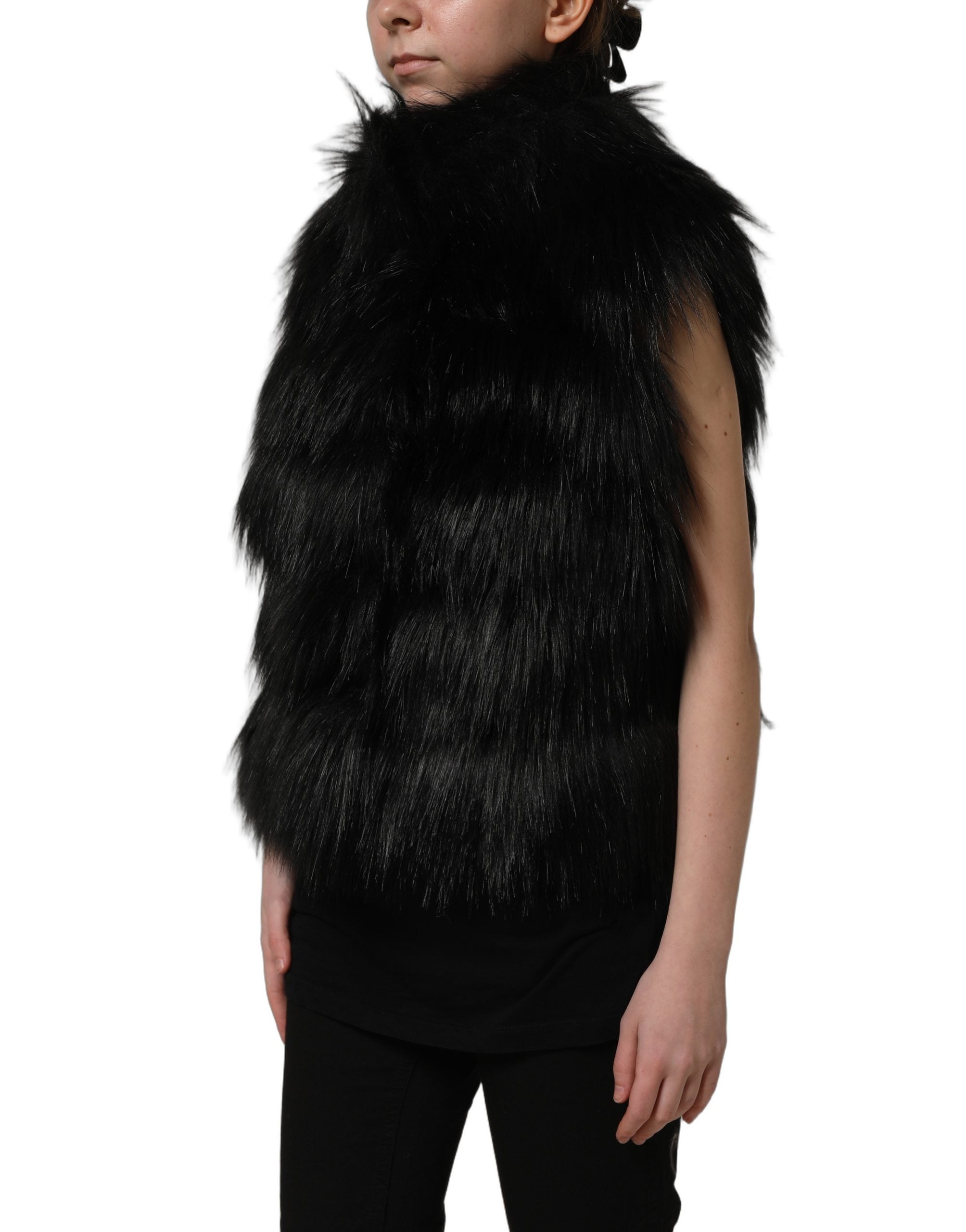 Dolce & Gabbana Black Acrylic Faux Fur Sleeveless Vest Jacket