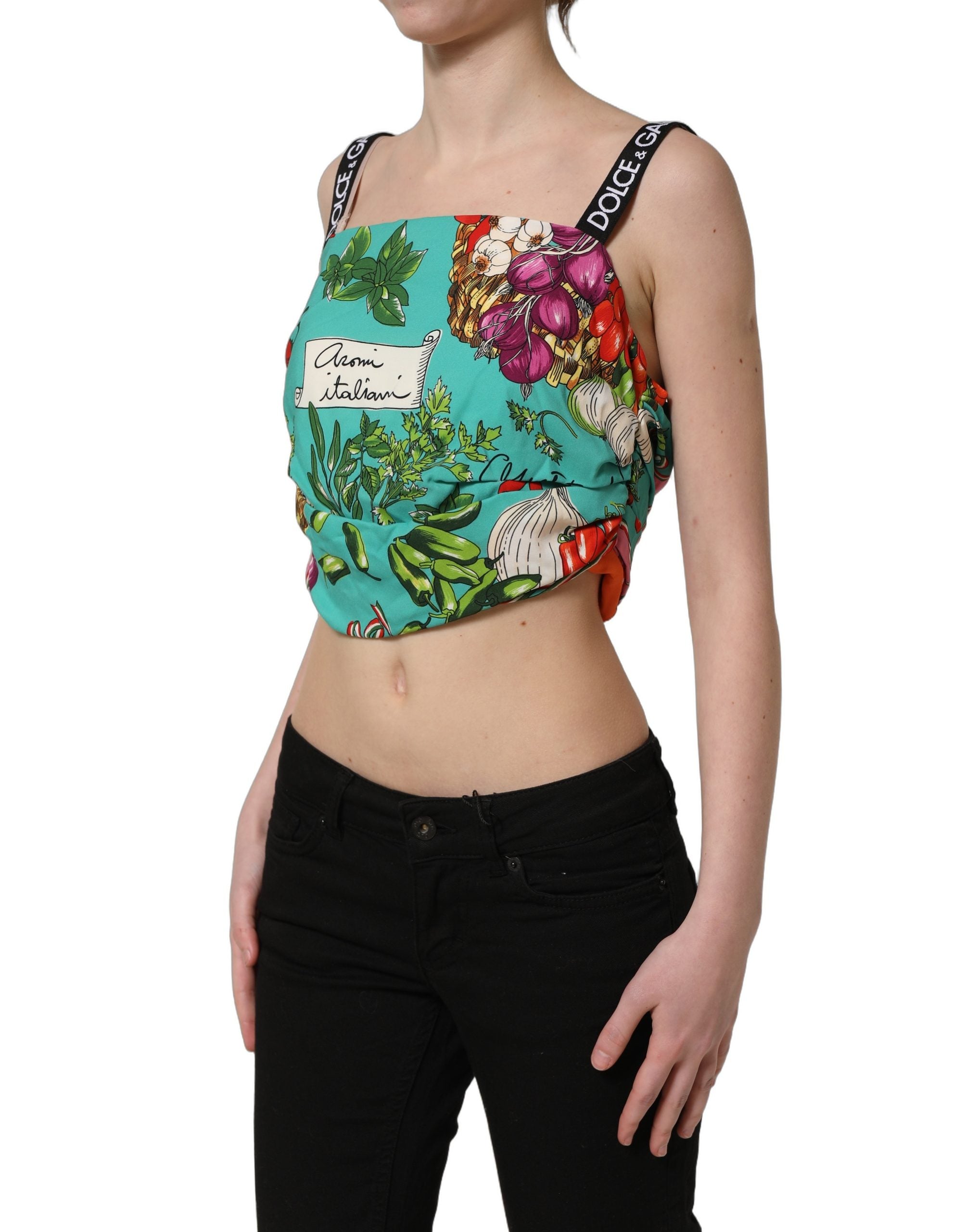 Dolce & Gabbana Multicolor Silk Vegetable Print Cropped Top
