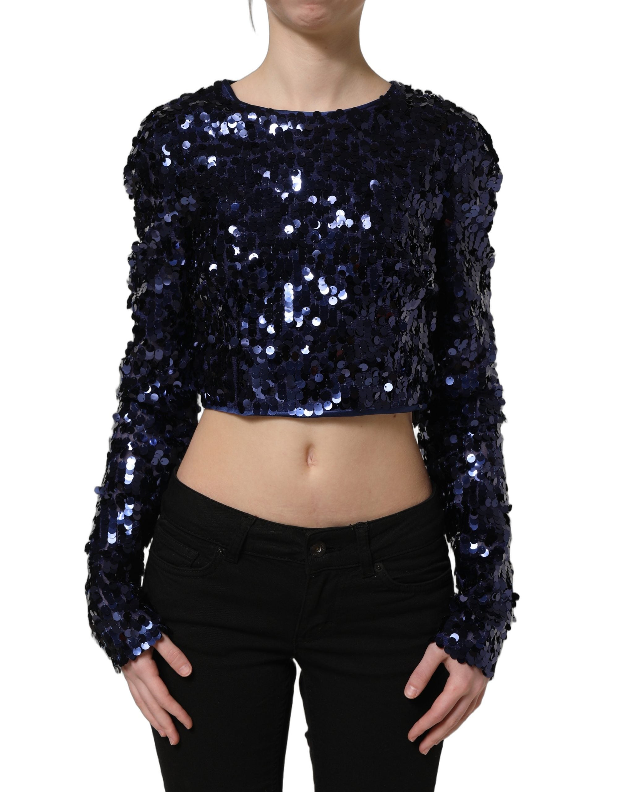 Dolce & Gabbana Blue Sequined Long Sleeves Crop Blouse Top