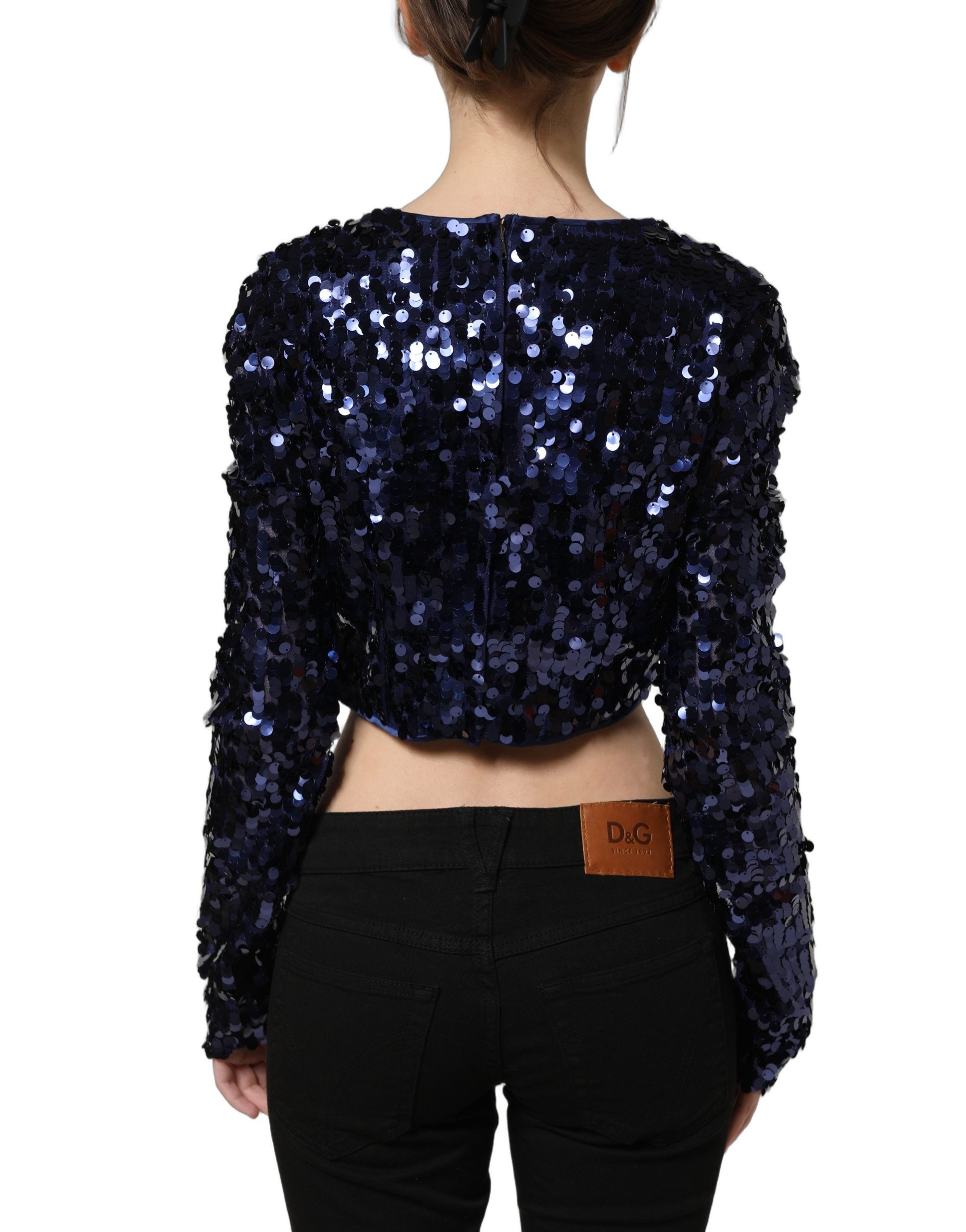 Dolce & Gabbana Blue Sequined Long Sleeves Crop Blouse Top