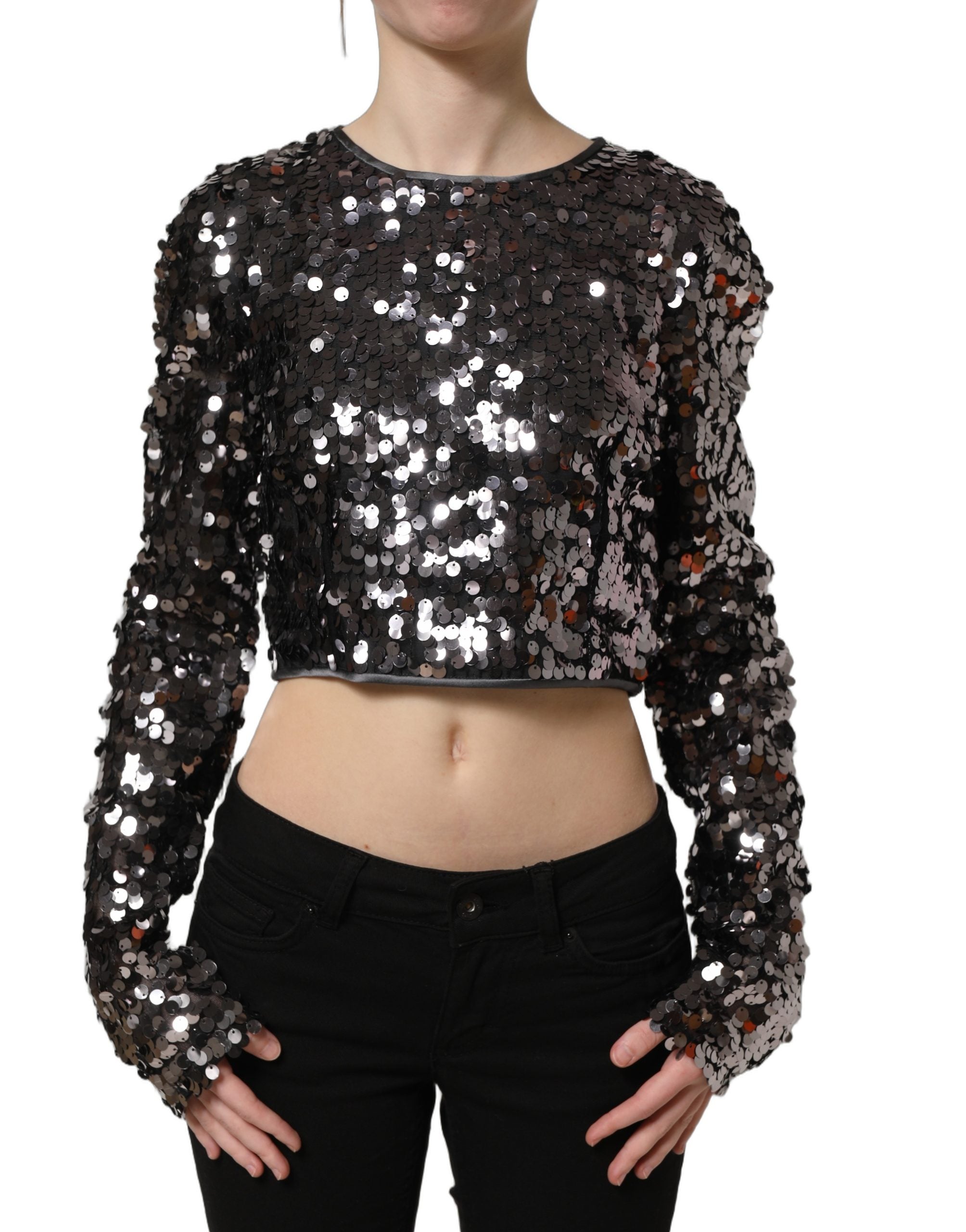 Dolce & Gabbana Black Sequined Long Sleeves Crop Blouse Top