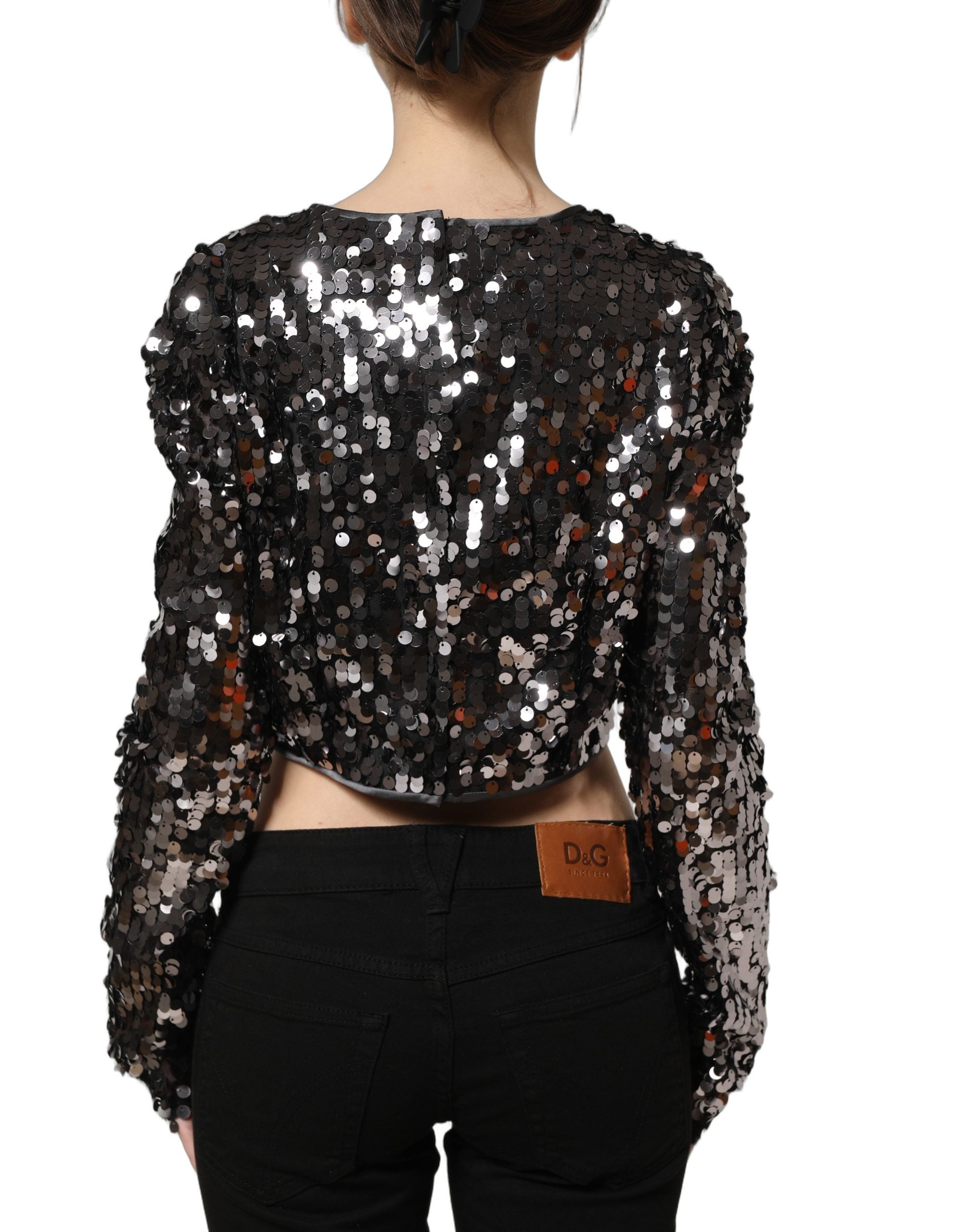 Dolce & Gabbana Black Sequined Long Sleeves Crop Blouse Top