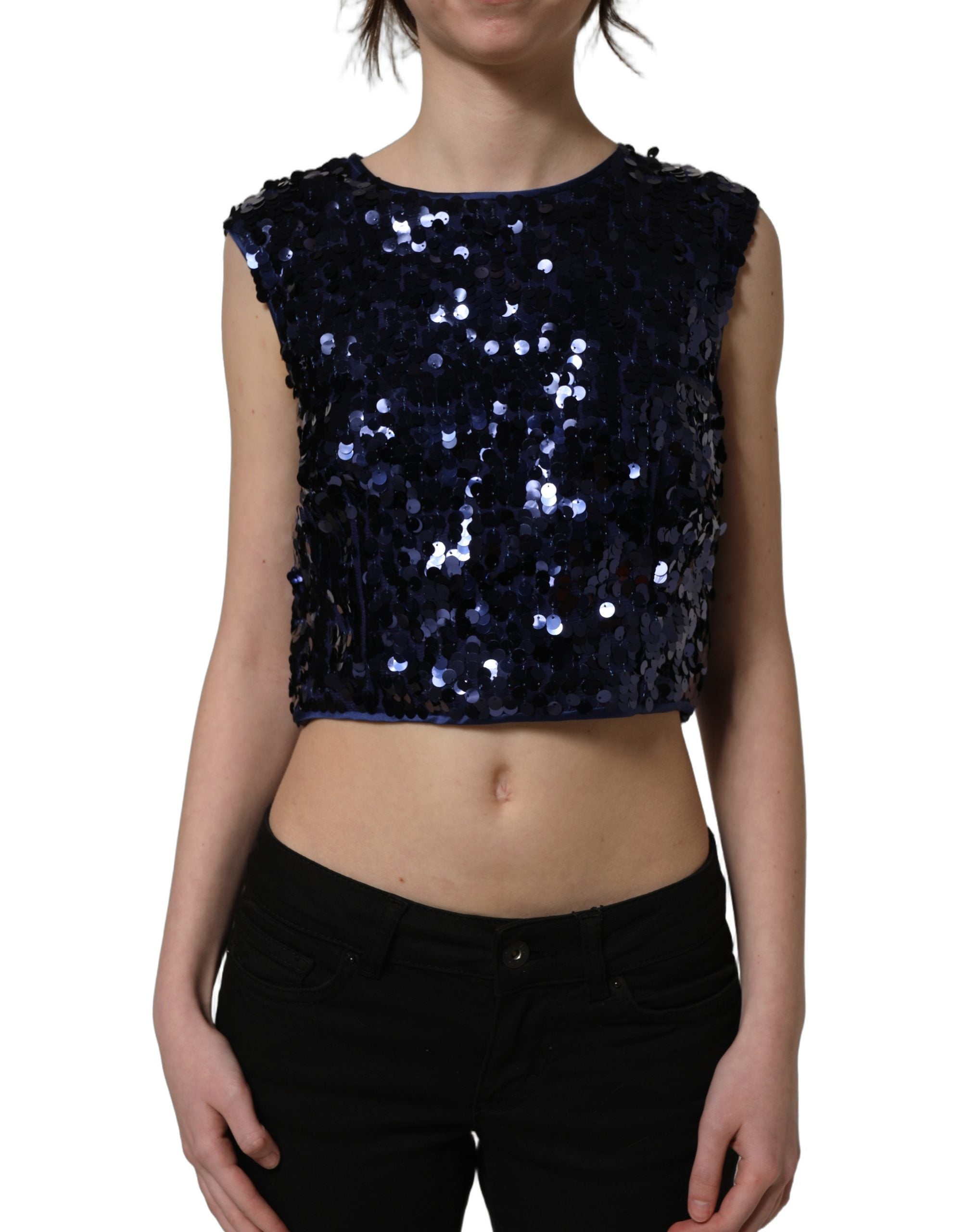 Dolce & Gabbana Blue Sequined Sleeveless Cropped Tank Top