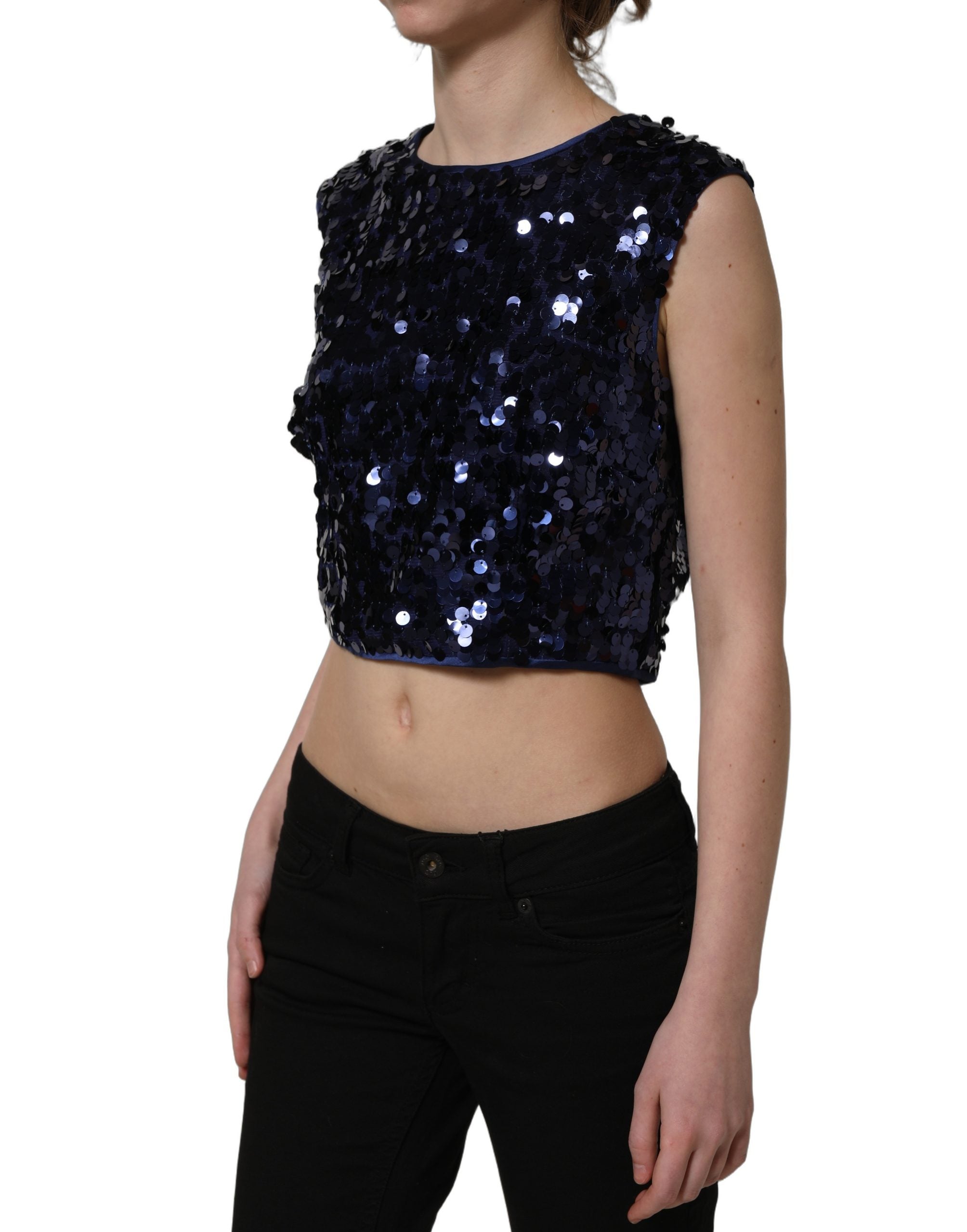 Dolce & Gabbana Blue Sequined Sleeveless Cropped Tank Top