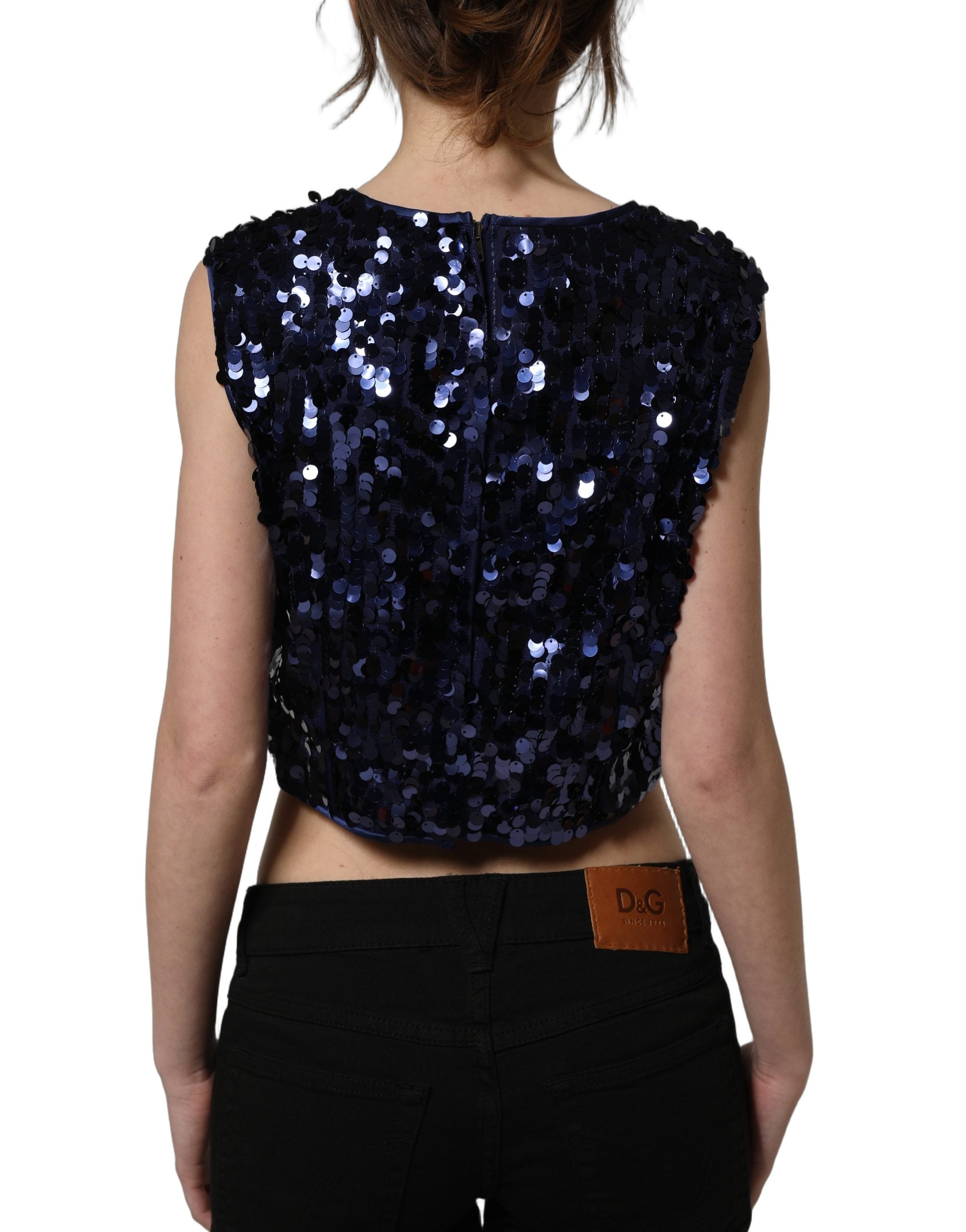 Dolce & Gabbana Blue Sequined Sleeveless Cropped Tank Top