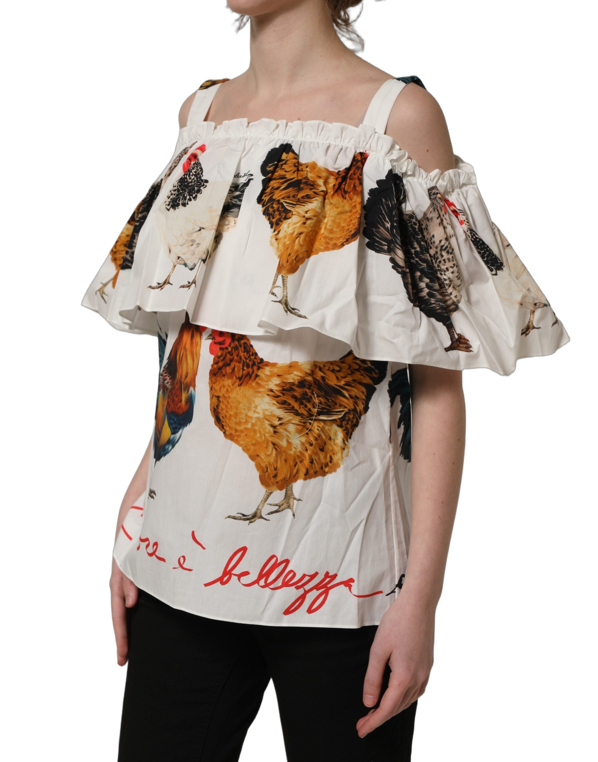 Dolce & Gabbana White Rooster Print Poplin Off The Shoulder Top