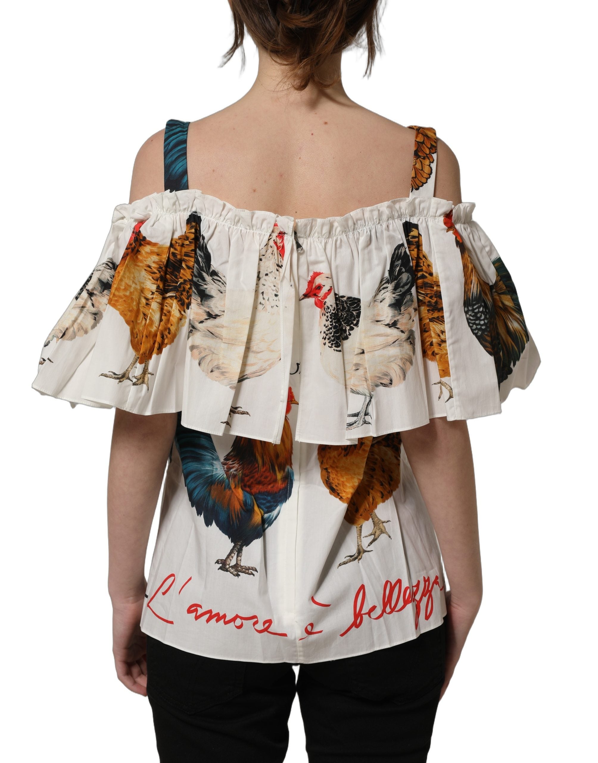 Dolce & Gabbana White Rooster Print Poplin Off The Shoulder Top