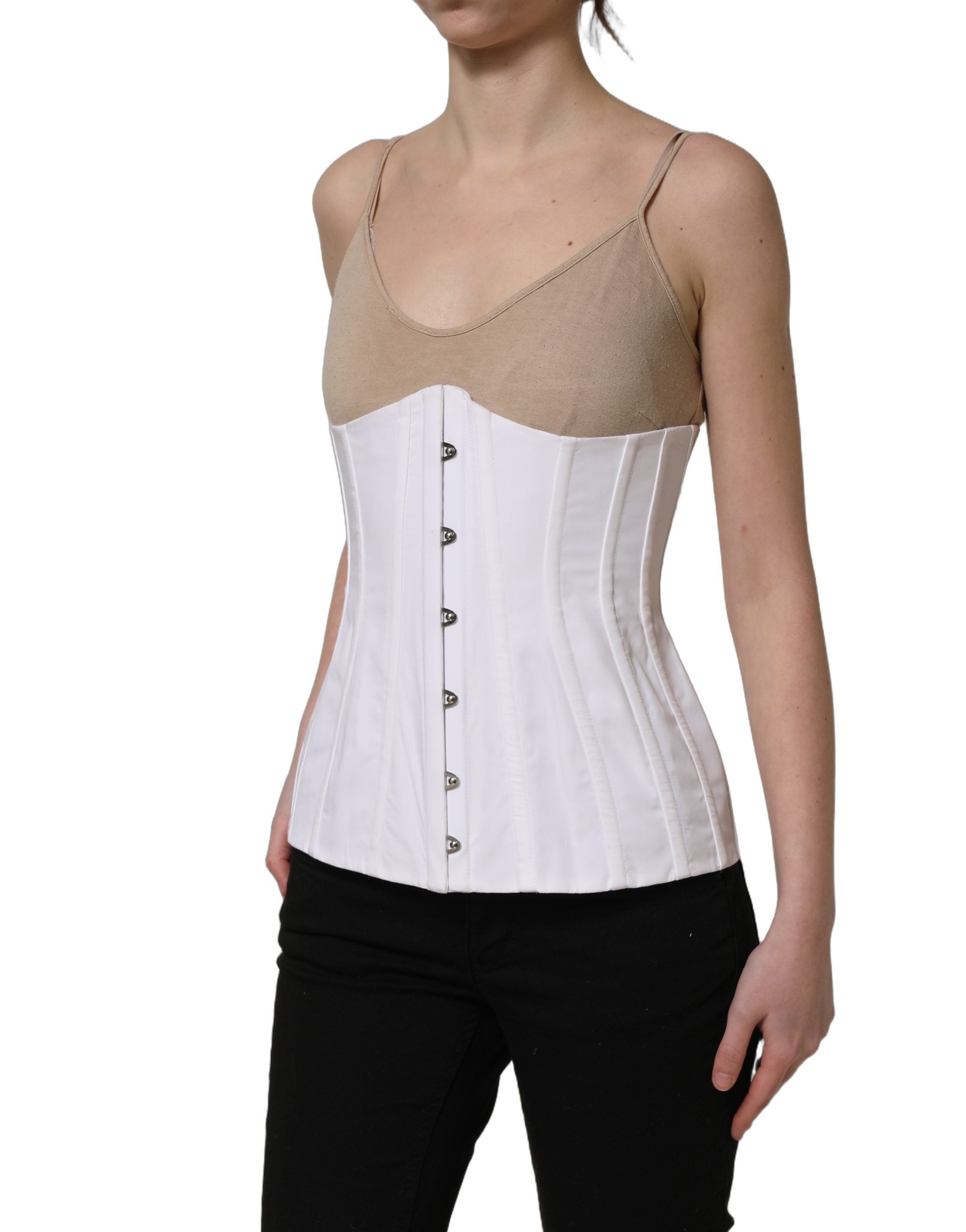 Dolce & Gabbana White Brown Cotton Sleeveless Corset Top