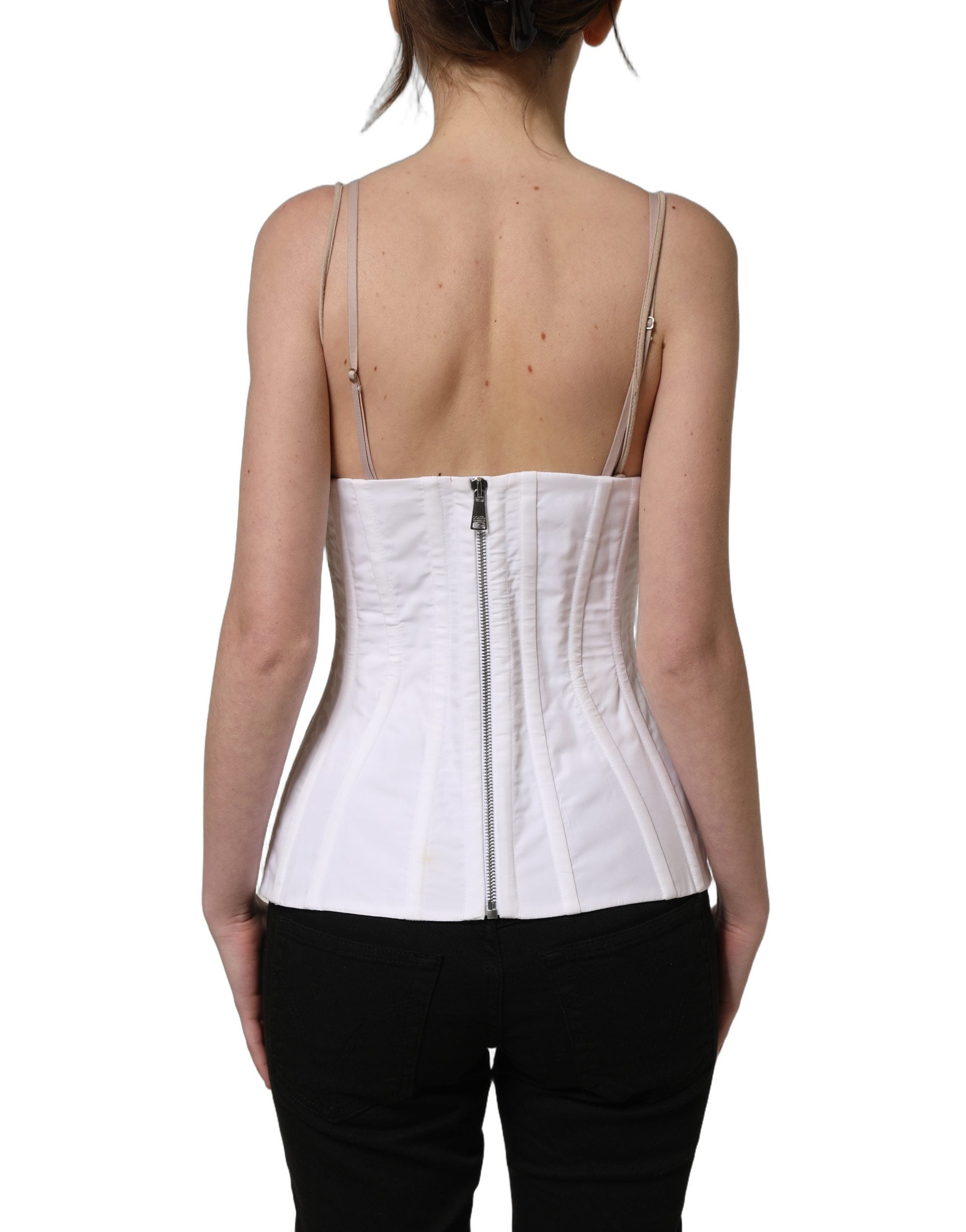 Dolce & Gabbana White Brown Cotton Sleeveless Corset Top