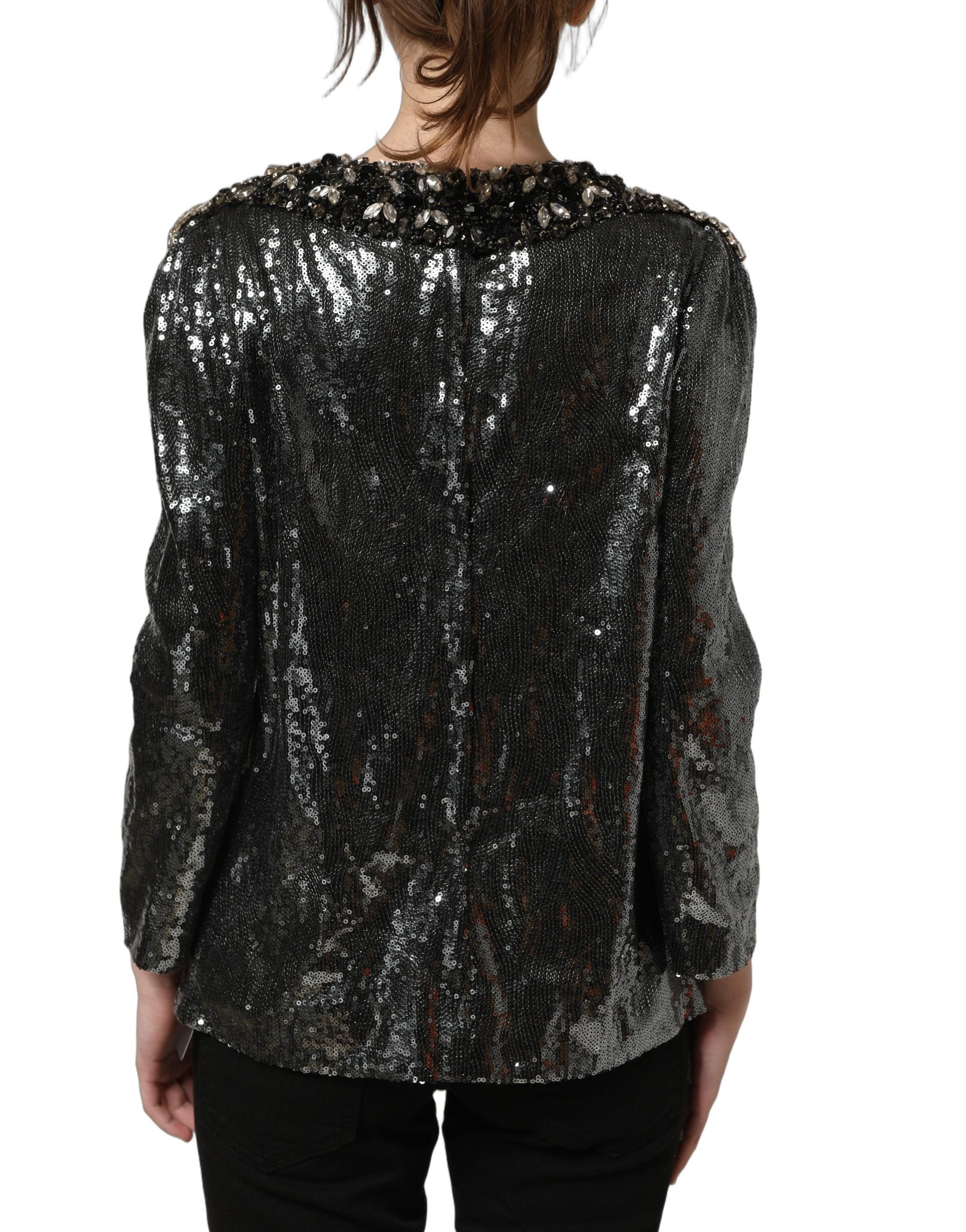 Dolce & Gabbana Metallic Gray Sequin Embellished Blouse Top