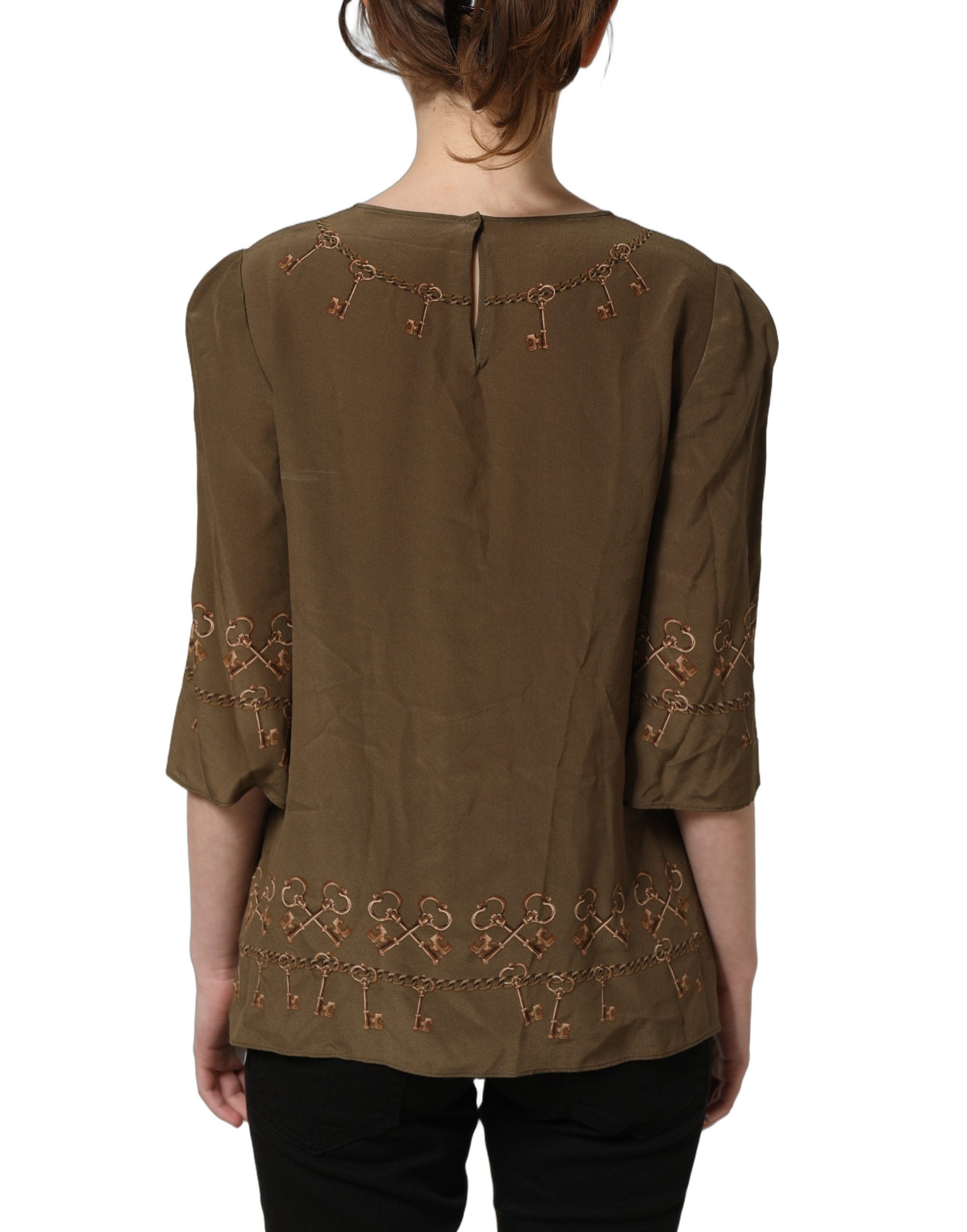 Dolce & Gabbana Brown Keys Roses Printed Silk Blouse Top
