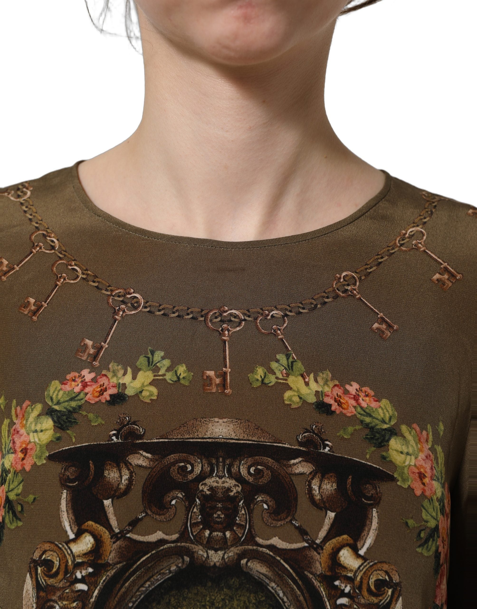 Dolce & Gabbana Brown Keys Roses Printed Silk Blouse Top