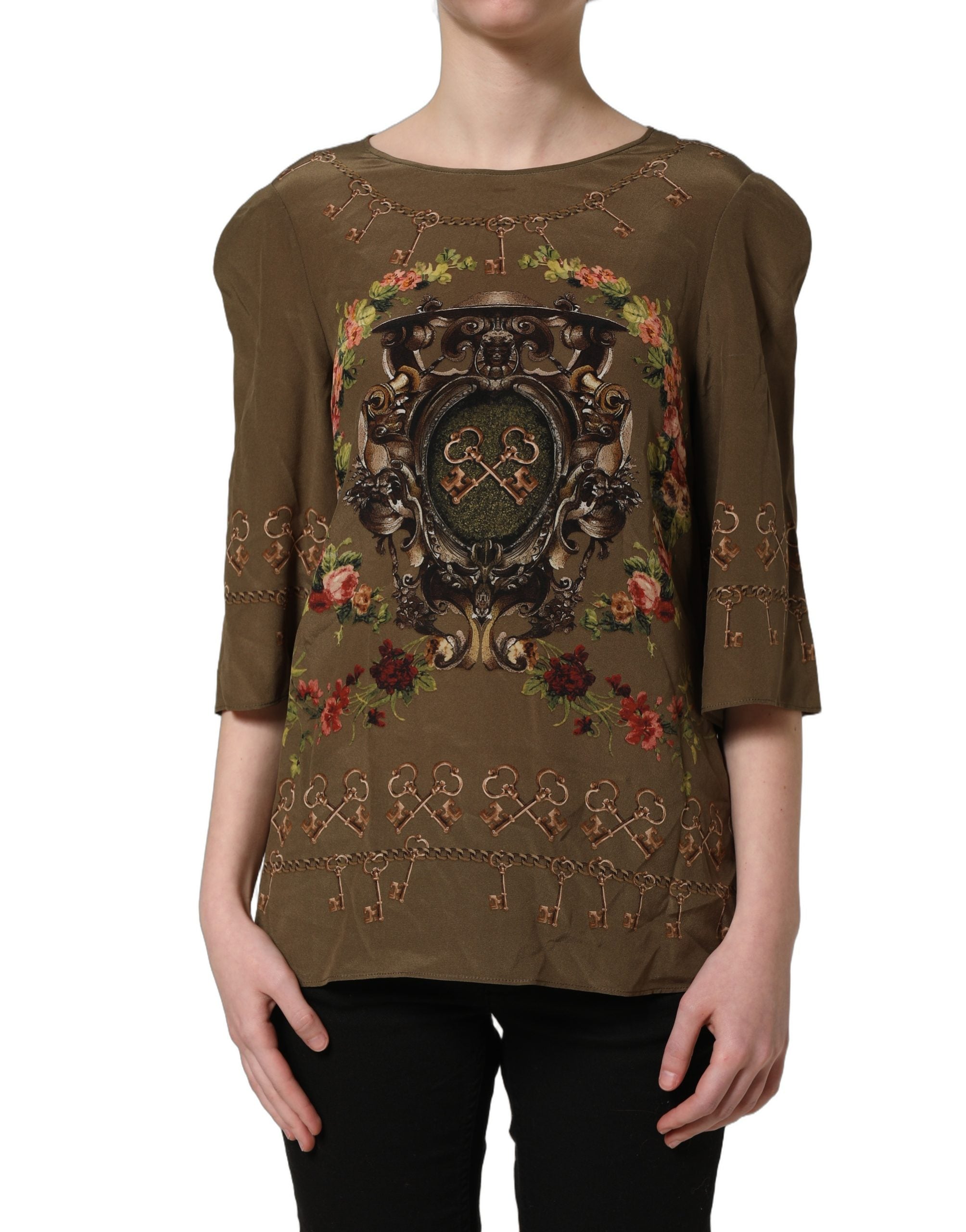 Dolce & Gabbana Brown Keys Roses Printed Silk Blouse Top