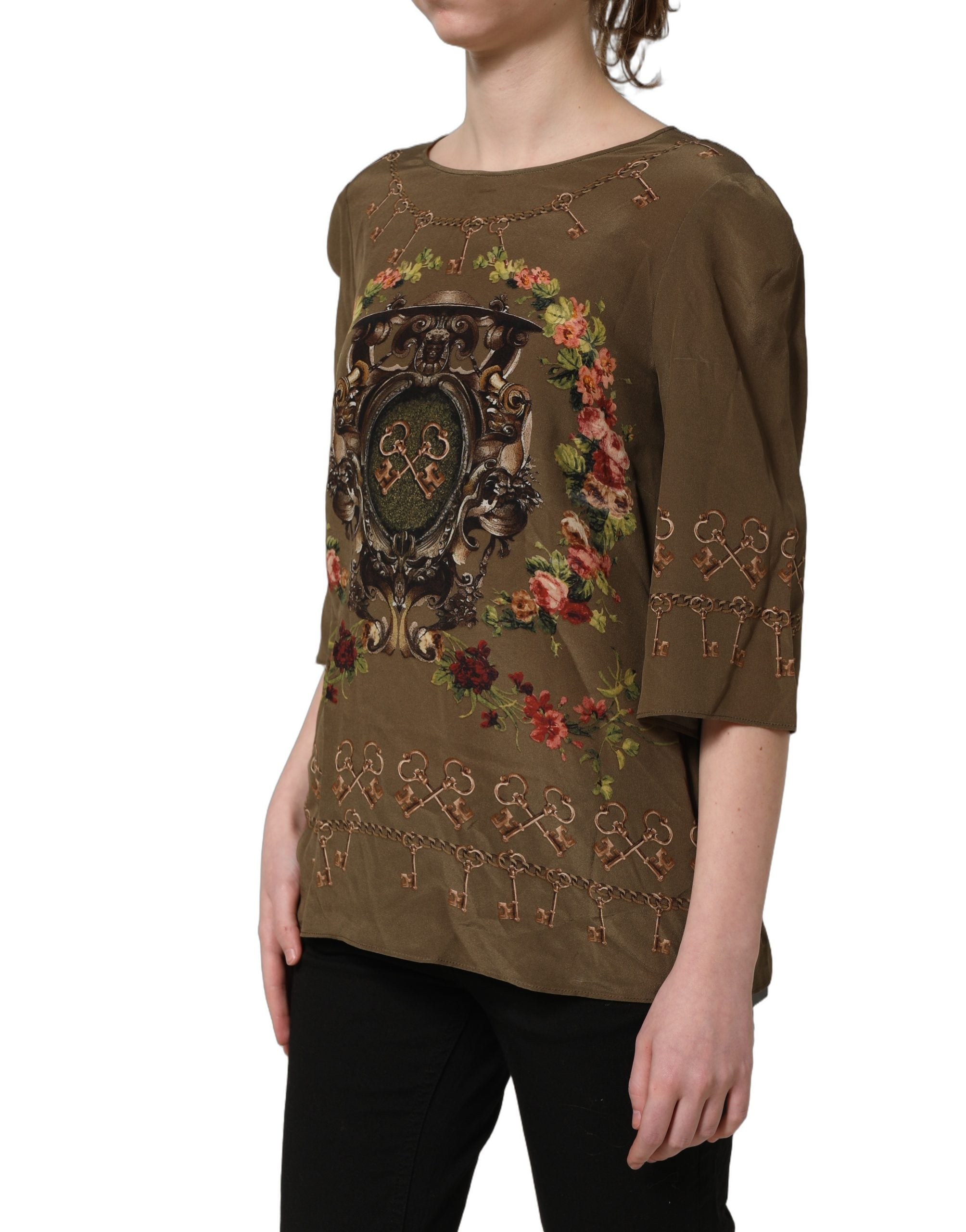 Dolce & Gabbana Brown Keys Roses Printed Silk Blouse Top