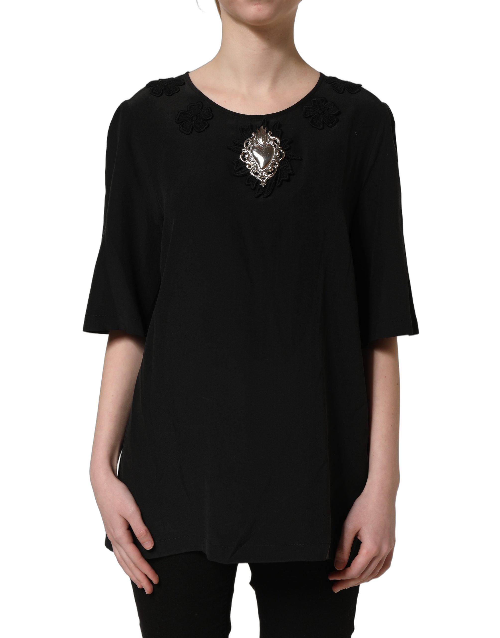 Dolce & Gabbana Black Floral Silk Heart Appliqué Blouse Top