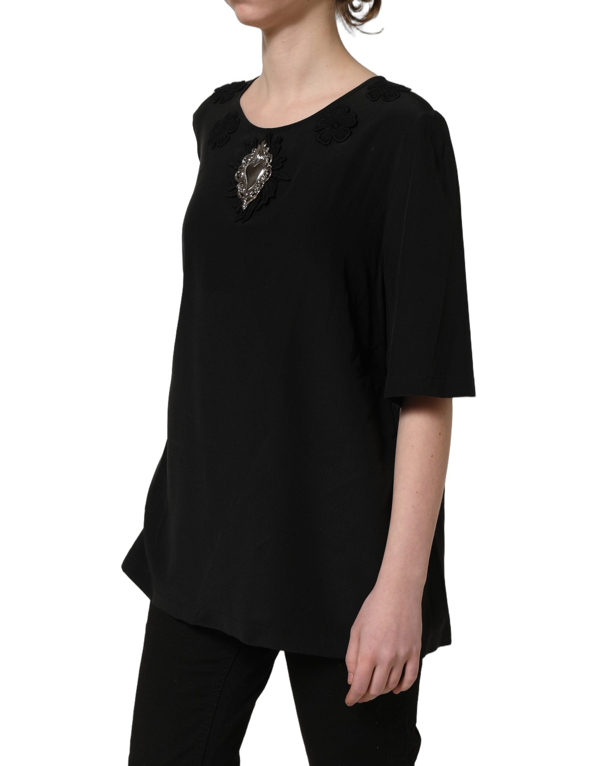 Dolce & Gabbana Black Floral Silk Heart Appliqué Blouse Top