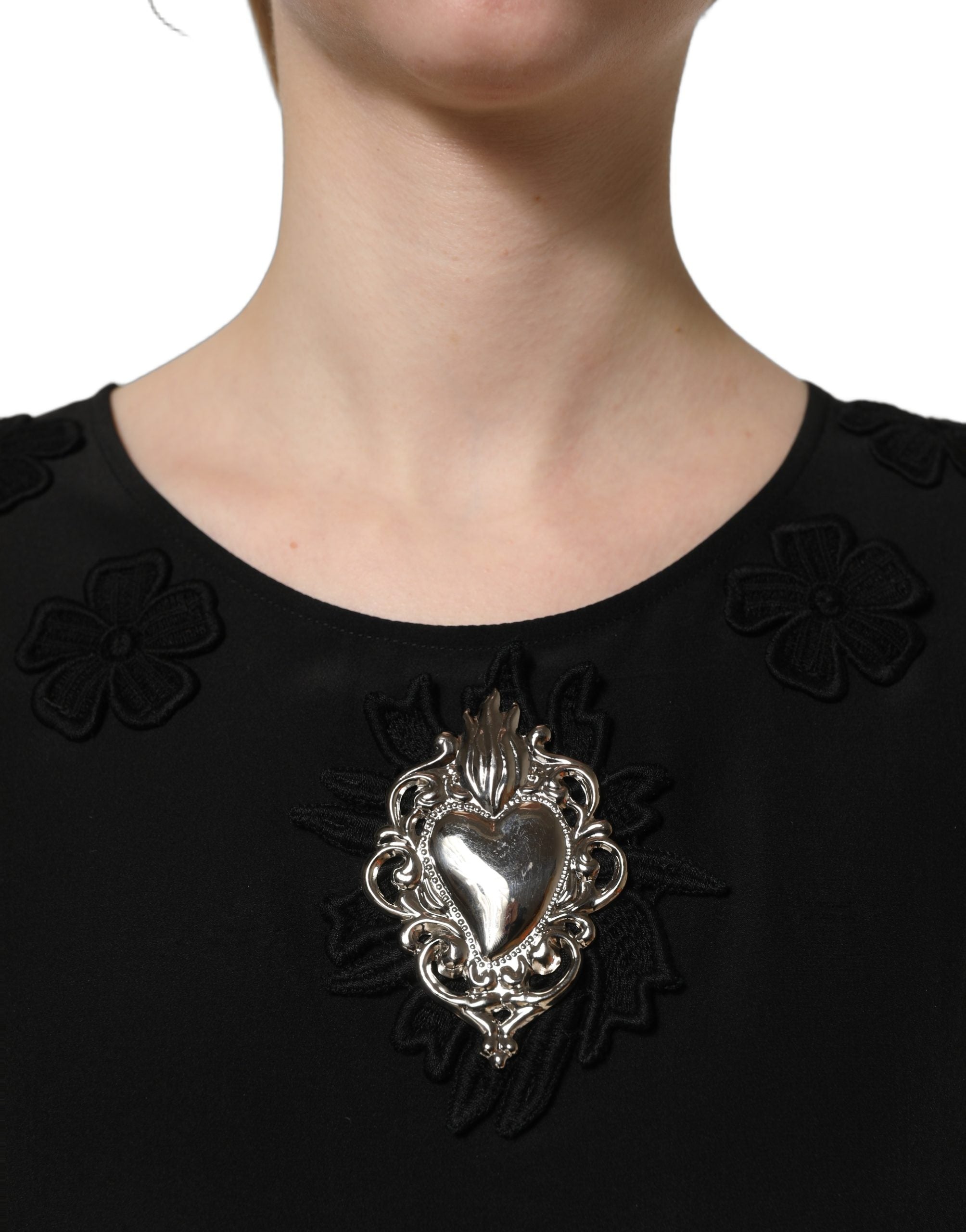 Dolce & Gabbana Black Floral Silk Heart Appliqué Blouse Top