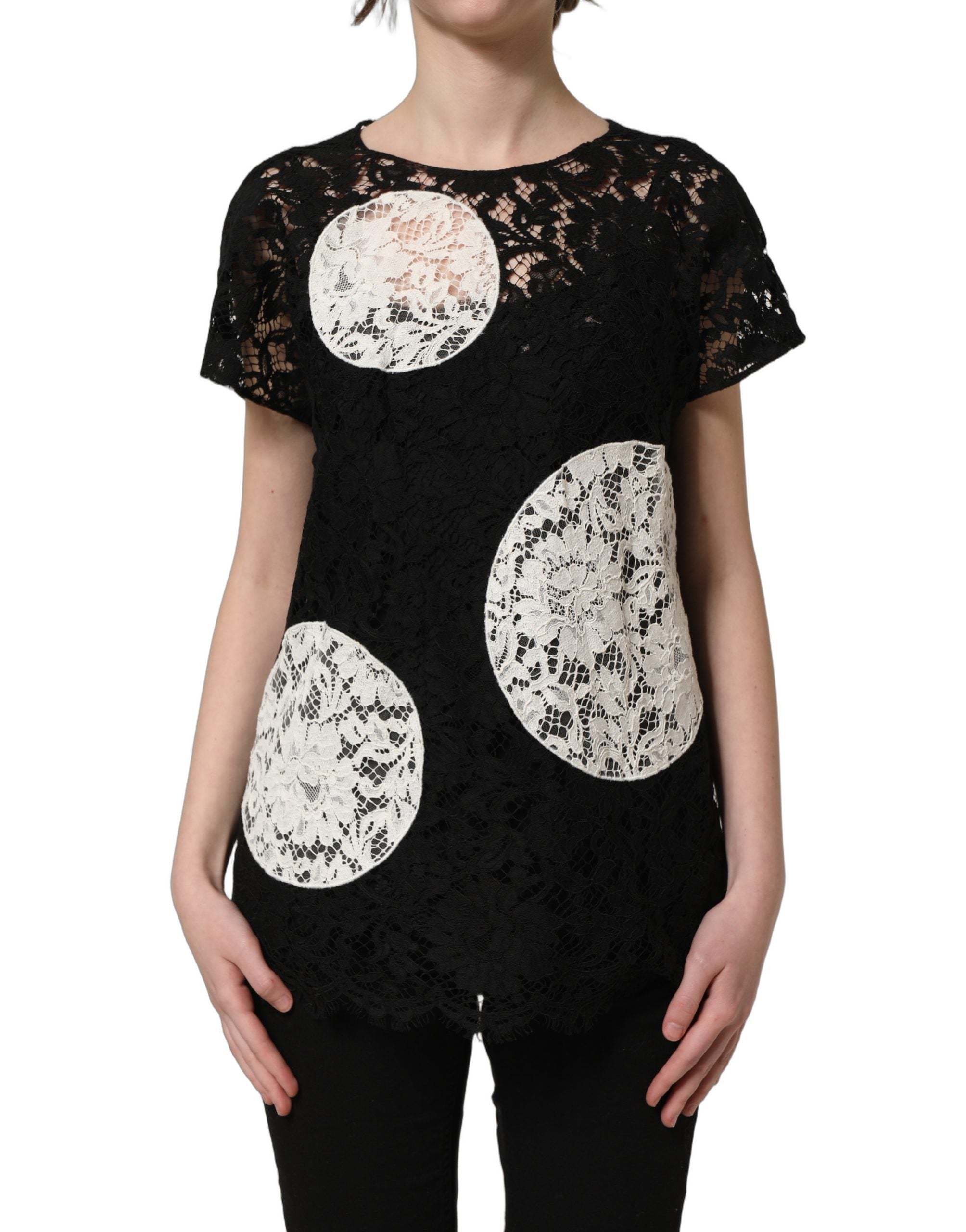 Dolce & Gabbana Black White Floral Lace Short Sleeve Blouse Top