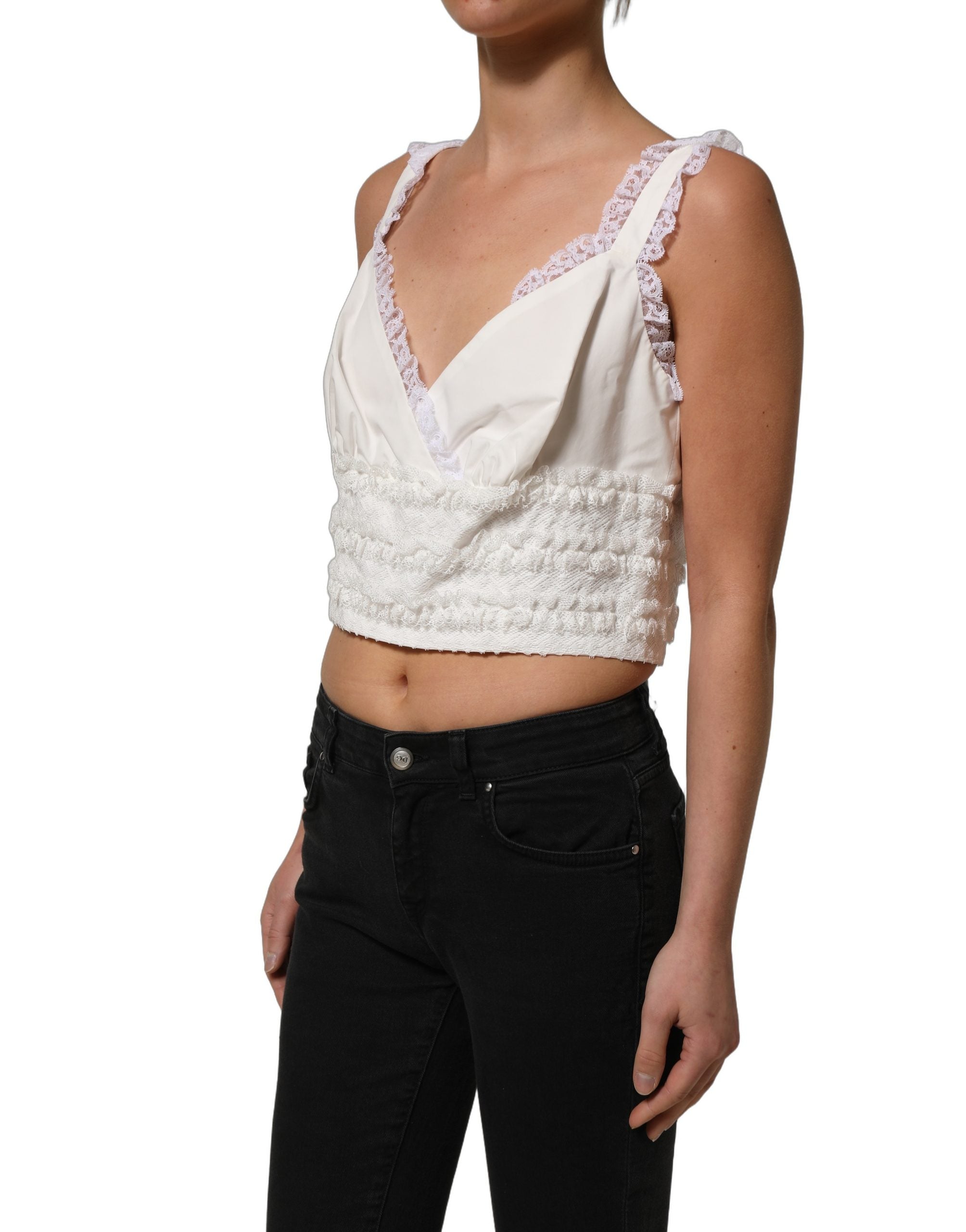 Dolce & Gabbana White Lace Trimmed Cotton Cropped Tank Top