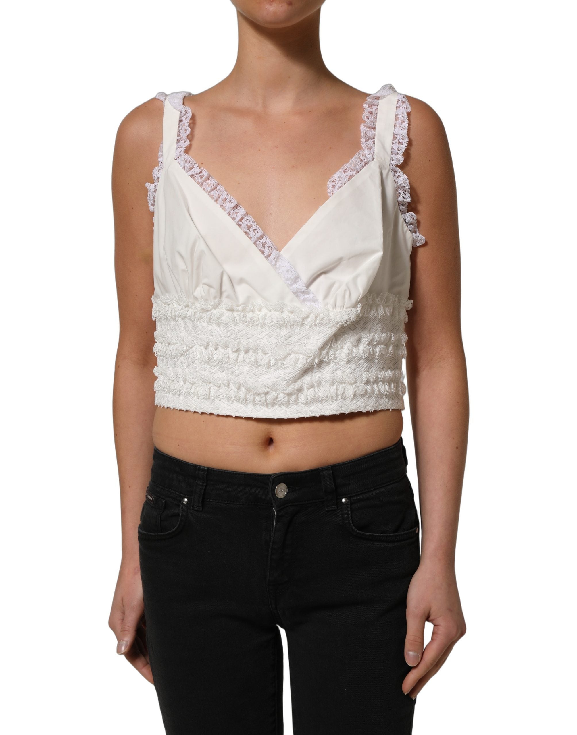 Dolce & Gabbana White Lace Trimmed Cotton Cropped Tank Top