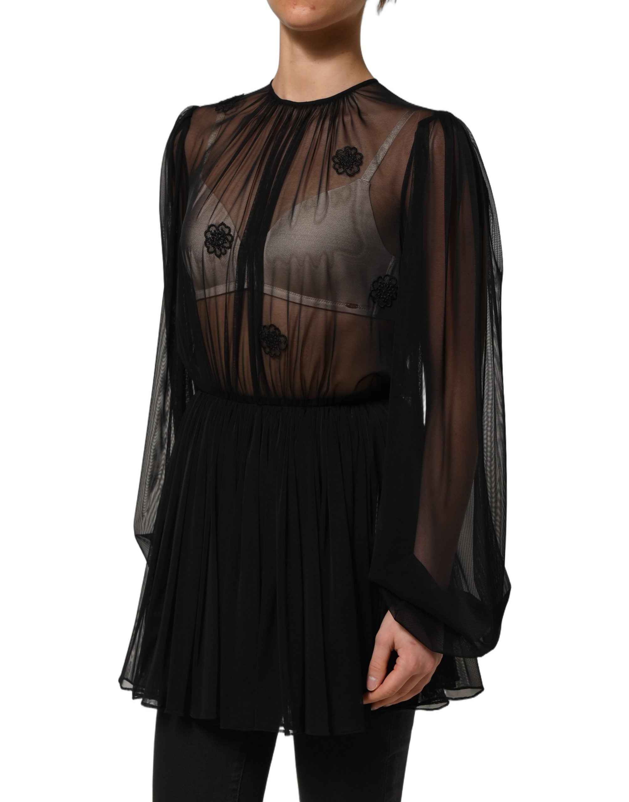 Dolce & Gabbana Black Polyester Mesh Sheer Crewneck Blouse Top