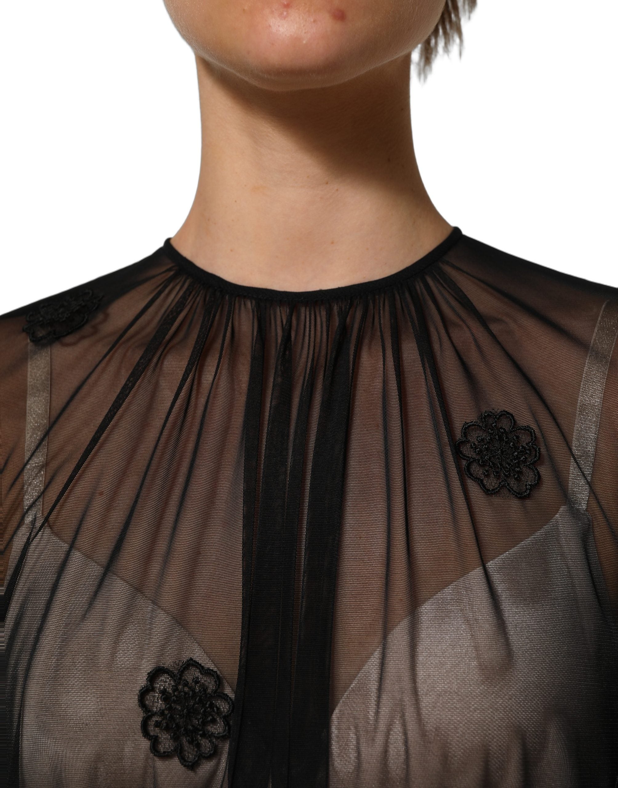Dolce & Gabbana Black Polyester Mesh Sheer Crewneck Blouse Top