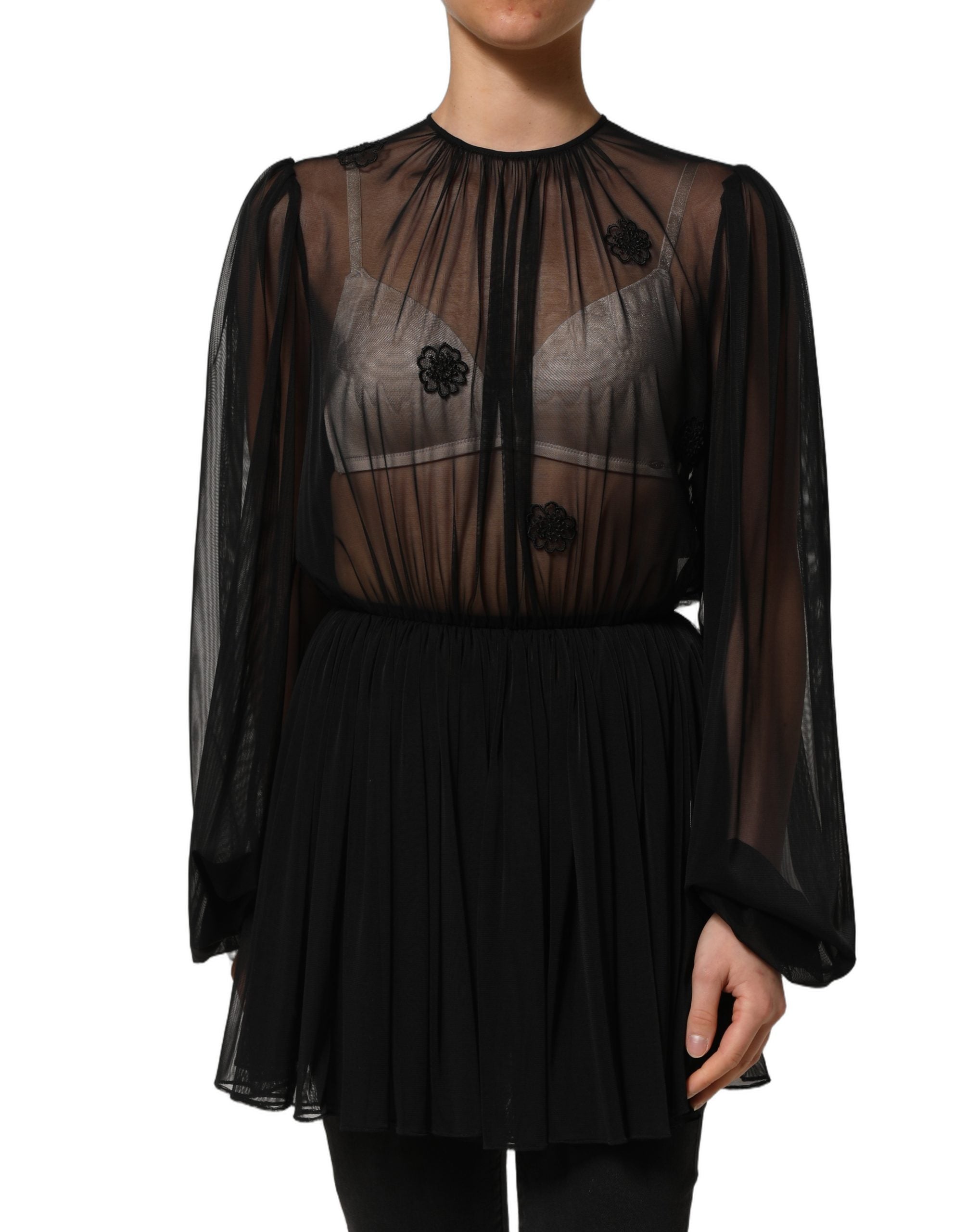 Dolce & Gabbana Black Polyester Mesh Sheer Crewneck Blouse Top