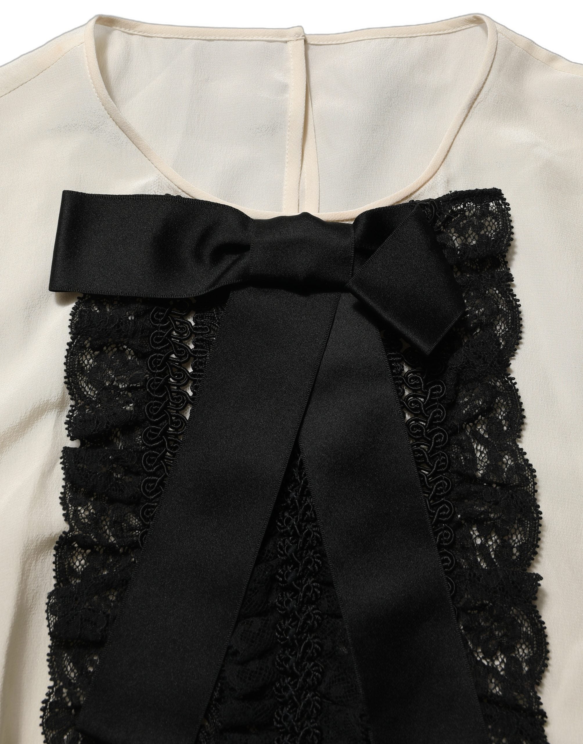 Dolce & Gabbana Beige Lace Trim Bow Short Sleeves Blouse Top