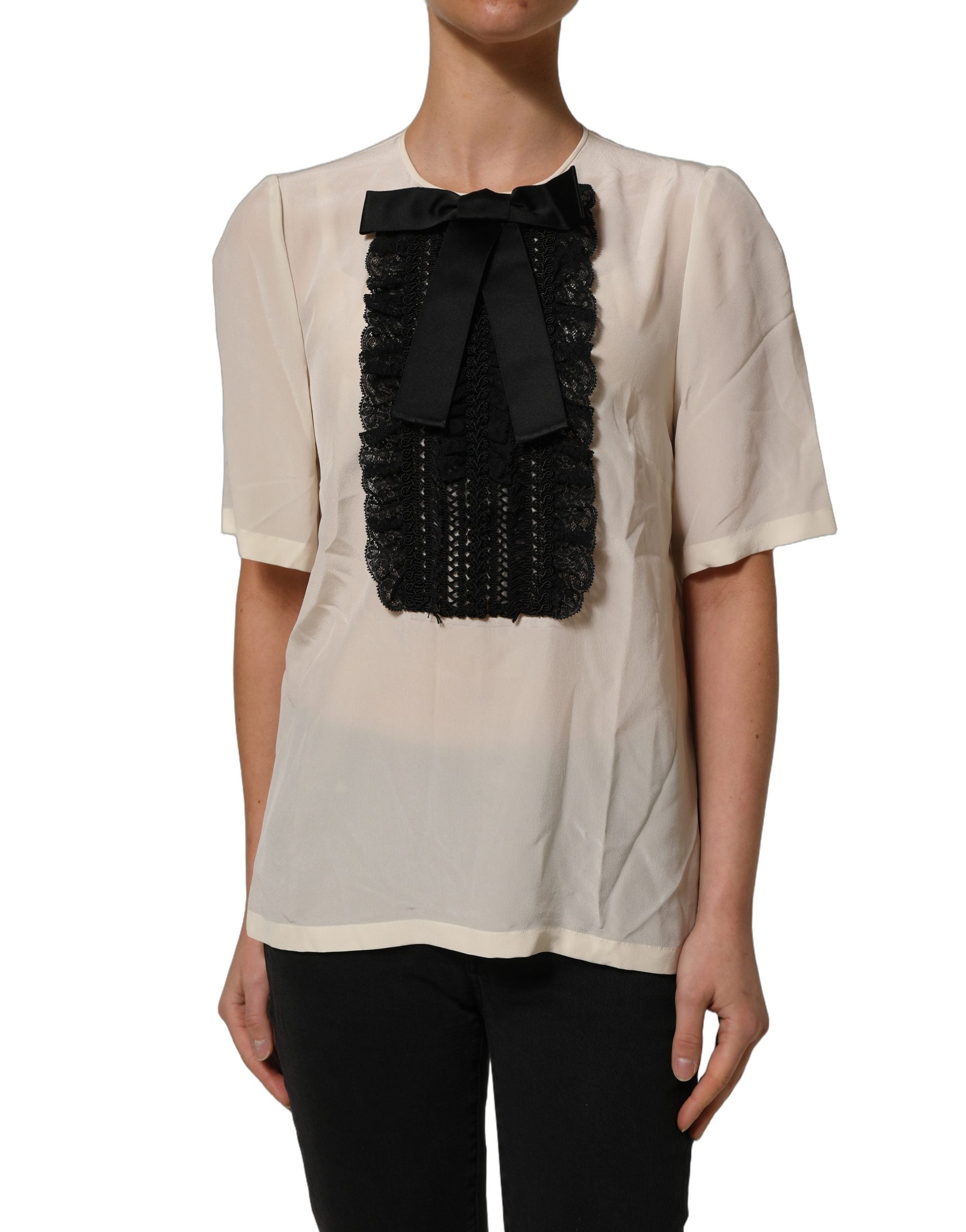 Dolce & Gabbana Beige Lace Trim Bow Short Sleeves Blouse Top