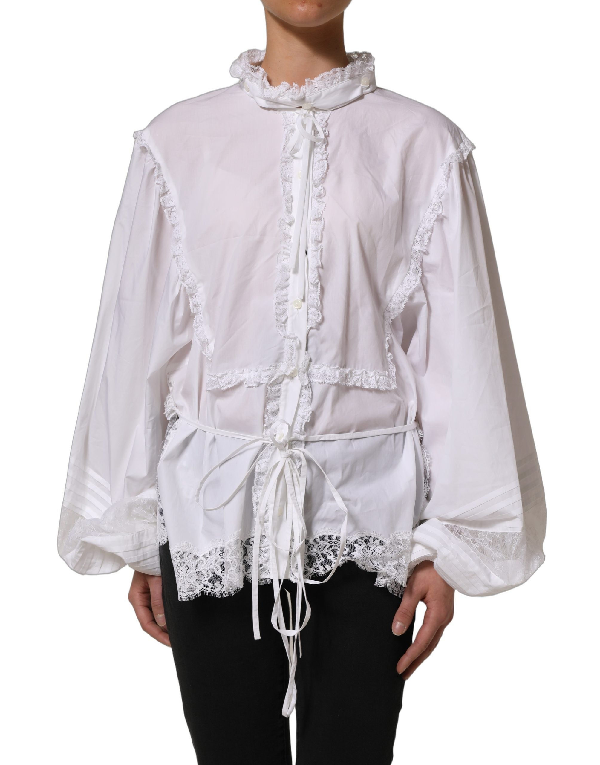 Dolce & Gabbana White Ruffled Lace Embellished Blouse Top