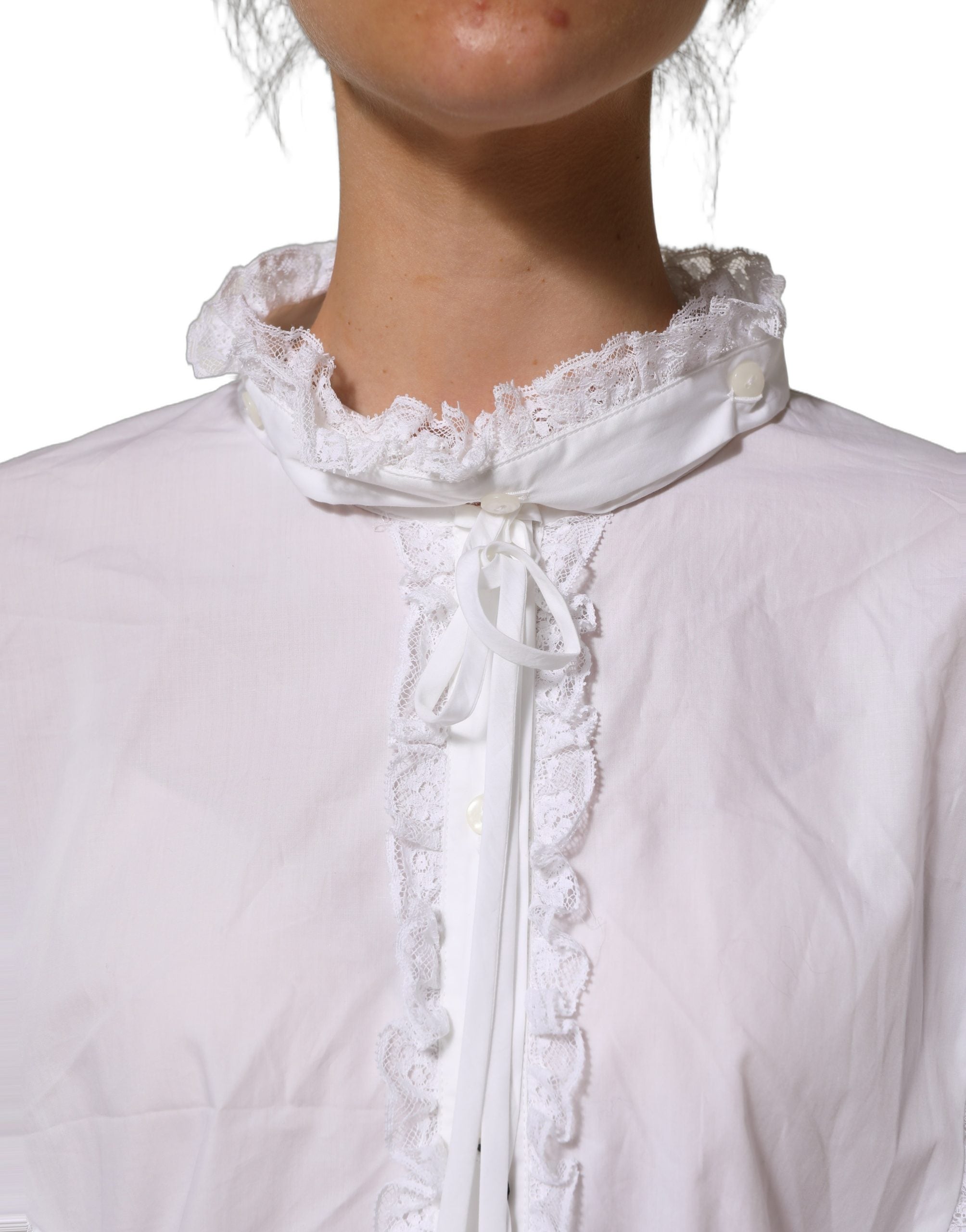 Dolce & Gabbana White Ruffled Lace Embellished Blouse Top