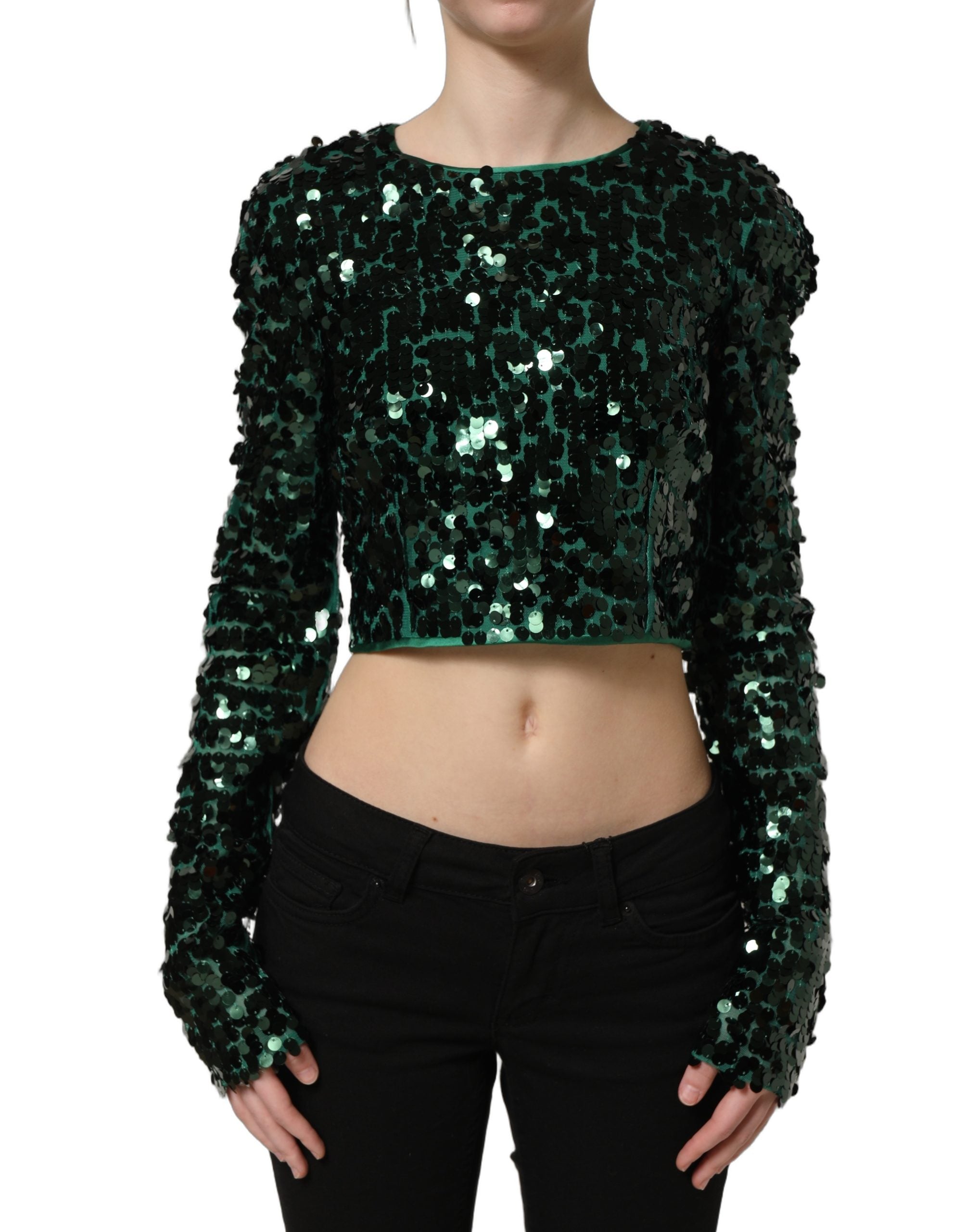 Dolce & Gabbana Green Sequined Long Sleeves Crop Blouse Top