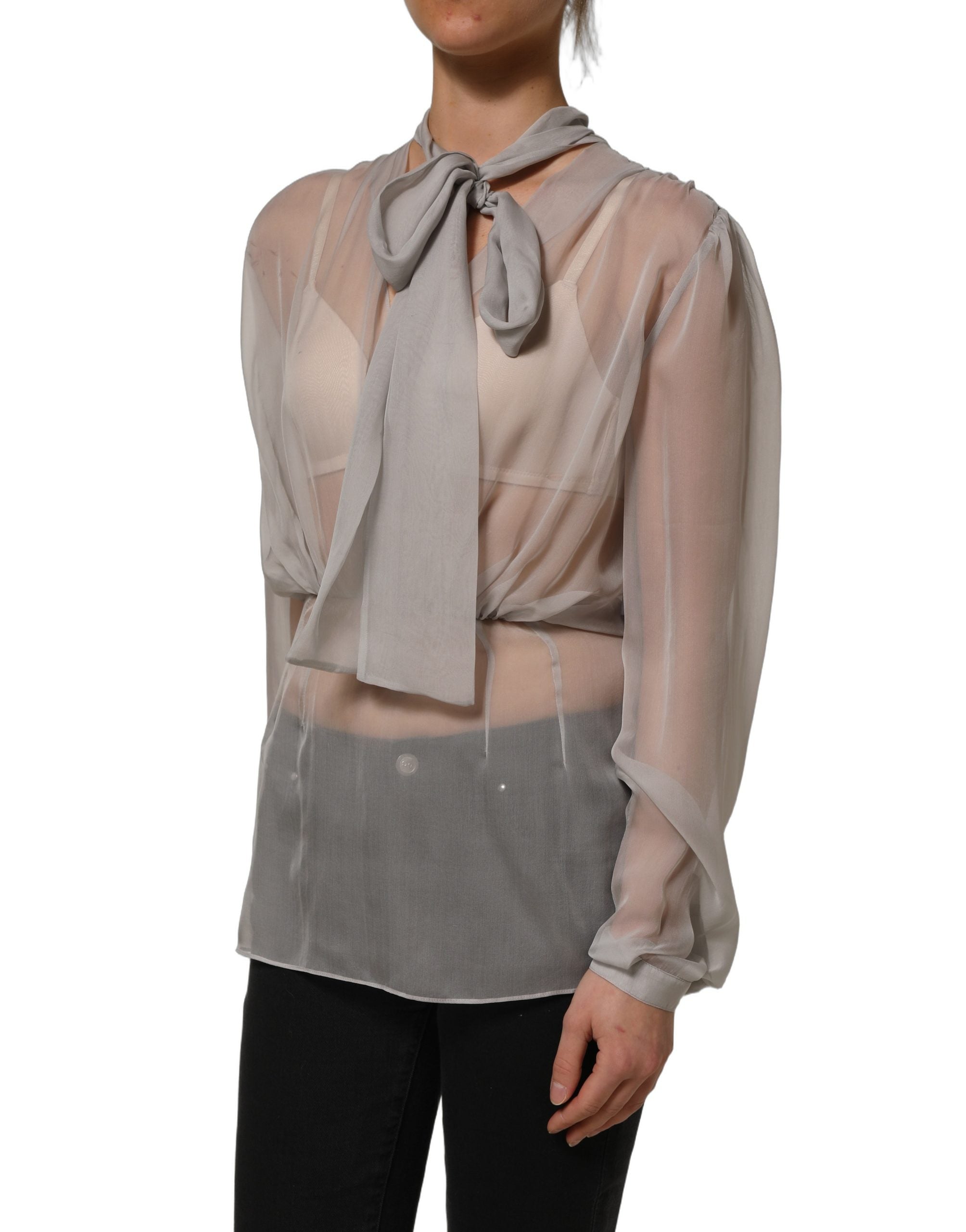 Dolce & Gabbana Gray Sheer Silk Chiffon Shirt Bow Collar Top